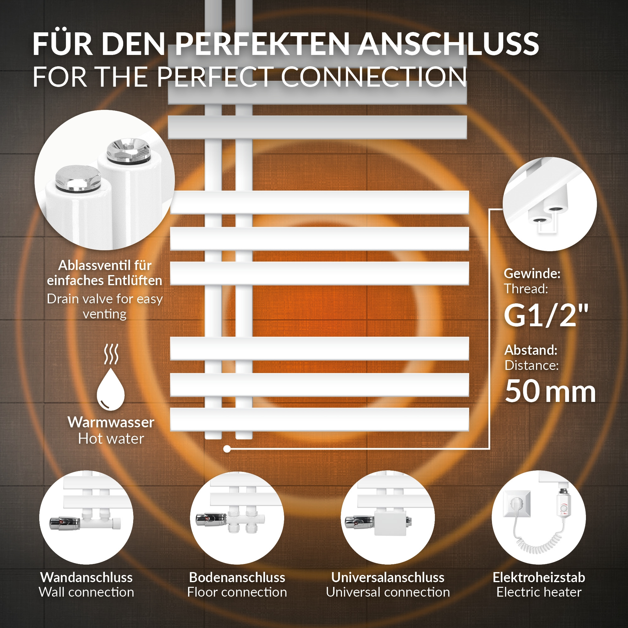 Illustration eines Heizkörpers mit Anschlüssen und Details wie G1/2 " Gewinde.