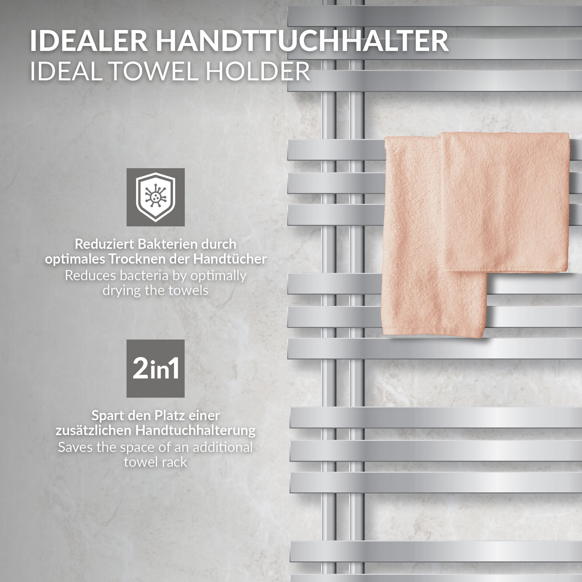 Ein silberner Handtuchhalter mit zwei rosa Handtüchern