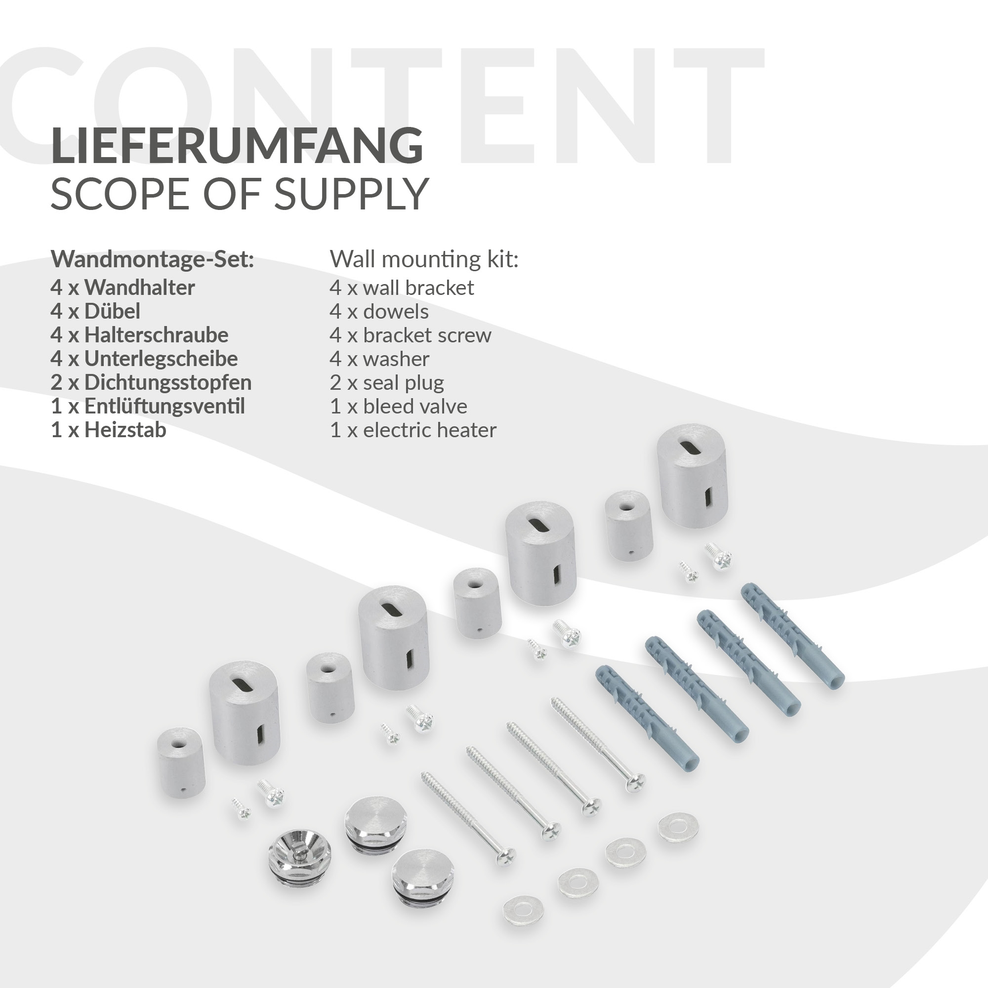Montageset mit Haltern, Dübeln, Schrauben, Dichtungen und Ventil.