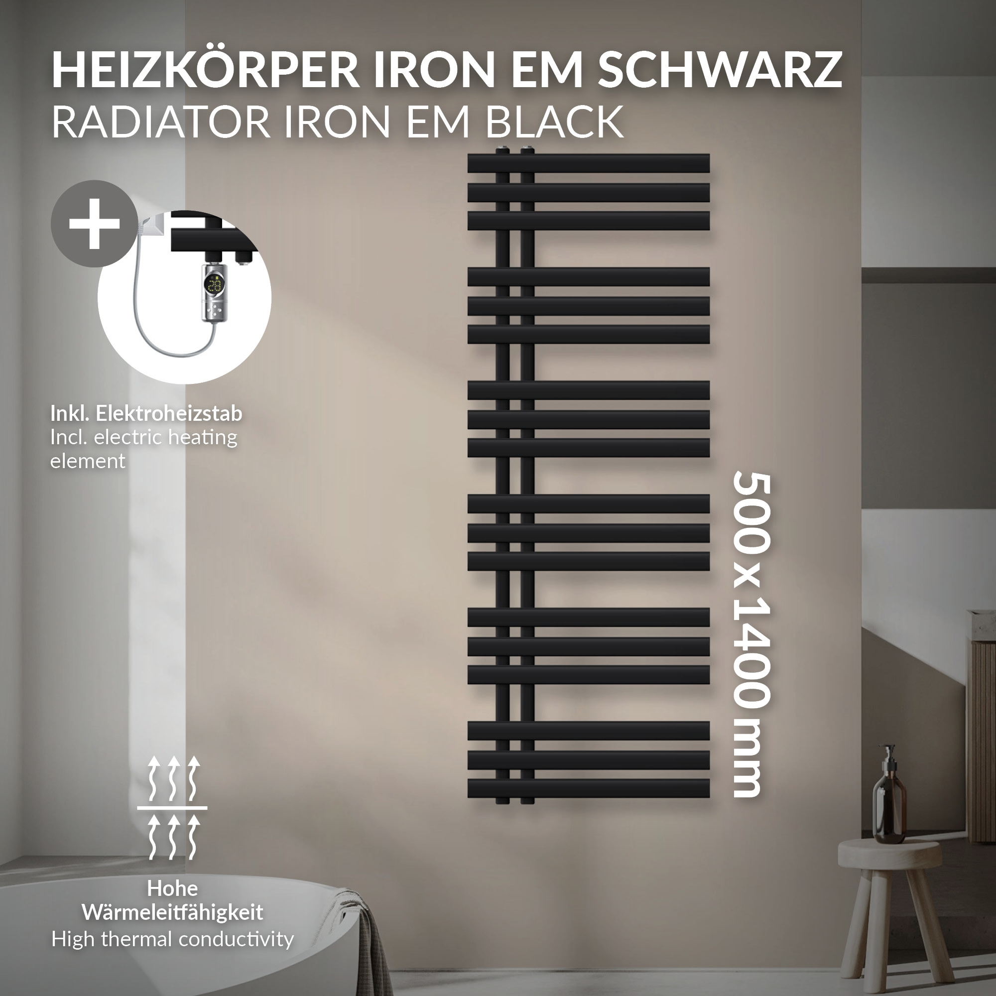 Schwarzer Heizkörper 500x1400mm mit inkl. Elektroheizstab und hoher Wärmeleitfähigkeit.