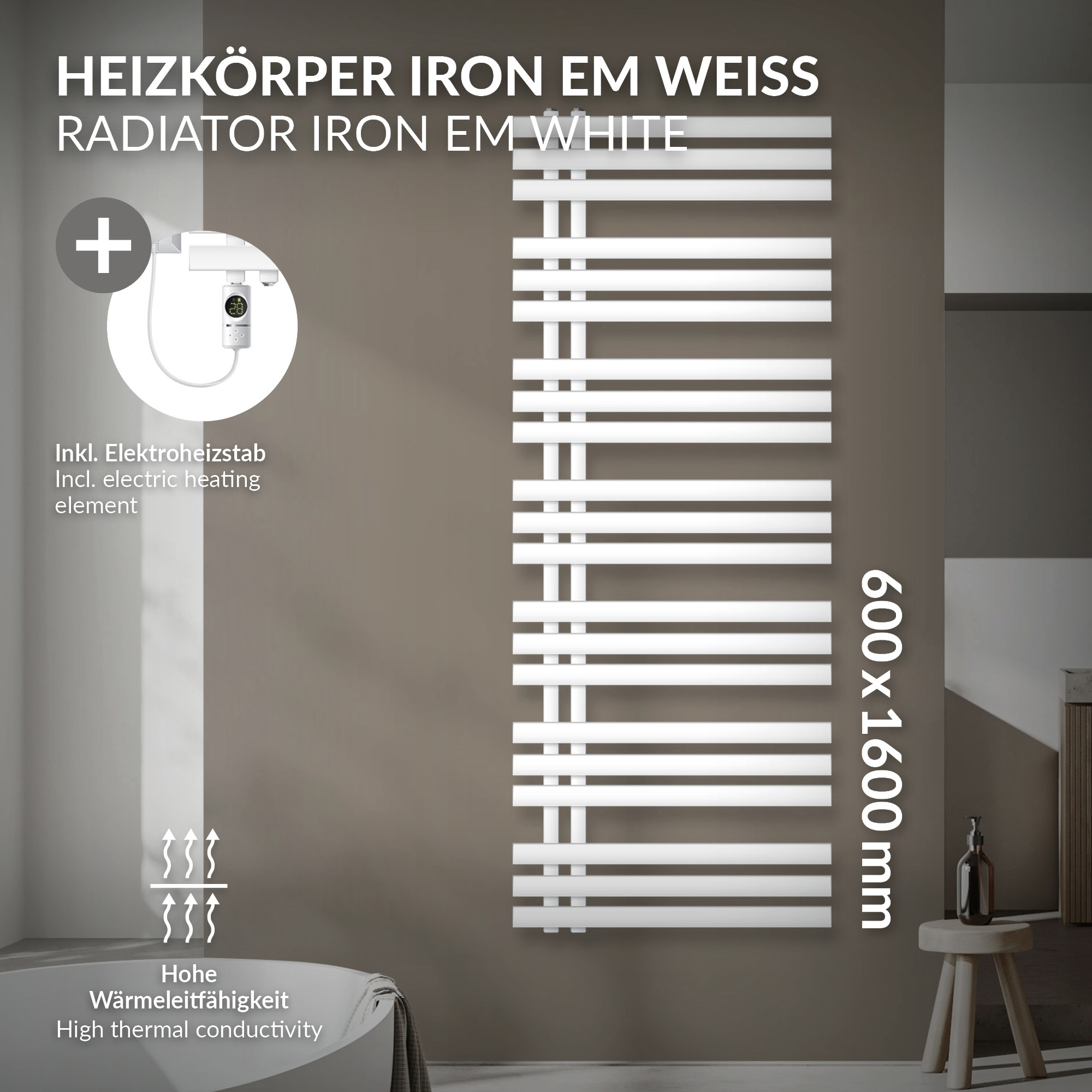 Weißer Heizkörper mit horizontalen Rohren, inklusive Heizstab und Maßen.