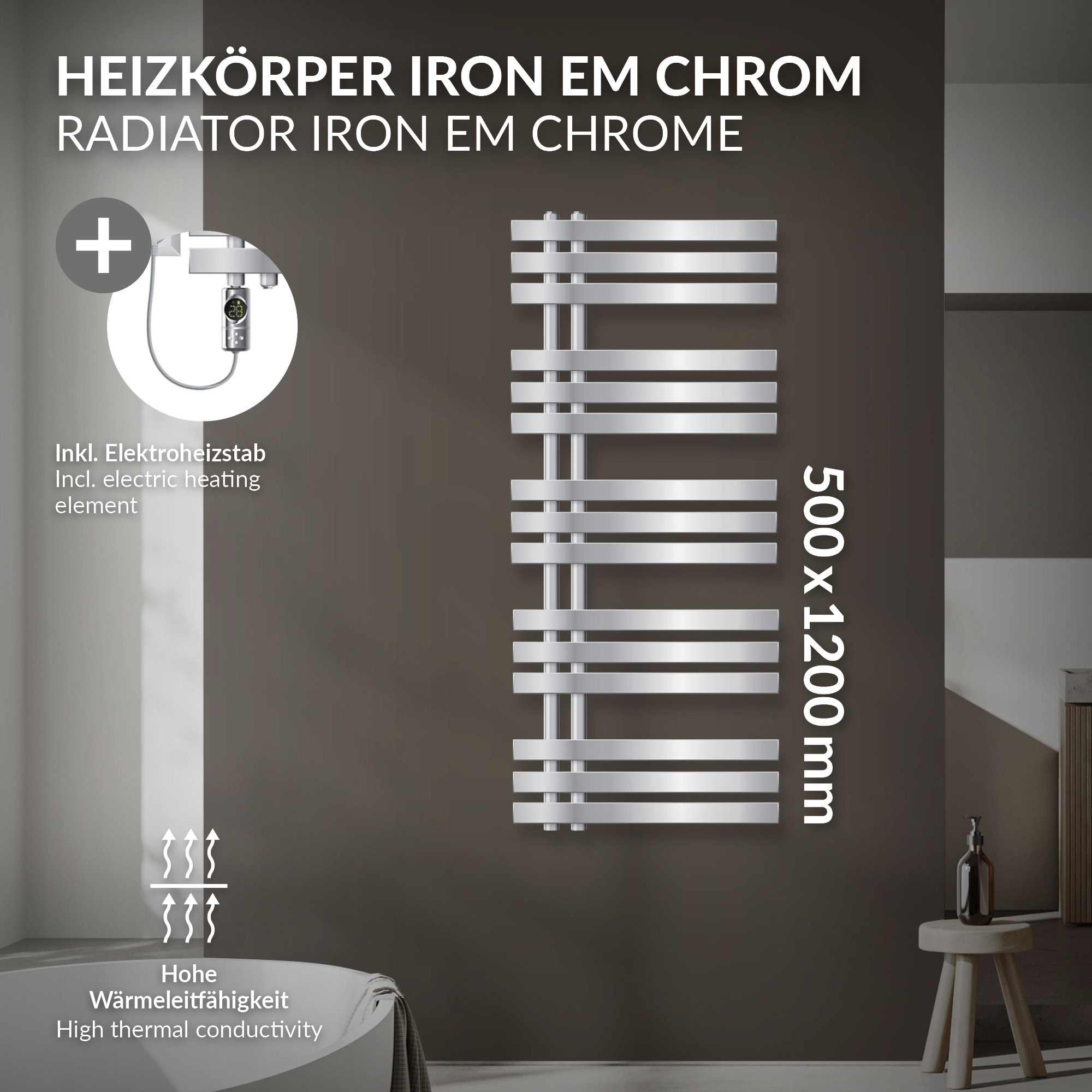 Ein chromfarbener Heizkörper mit horizontalen Streben, 500x1200mm.