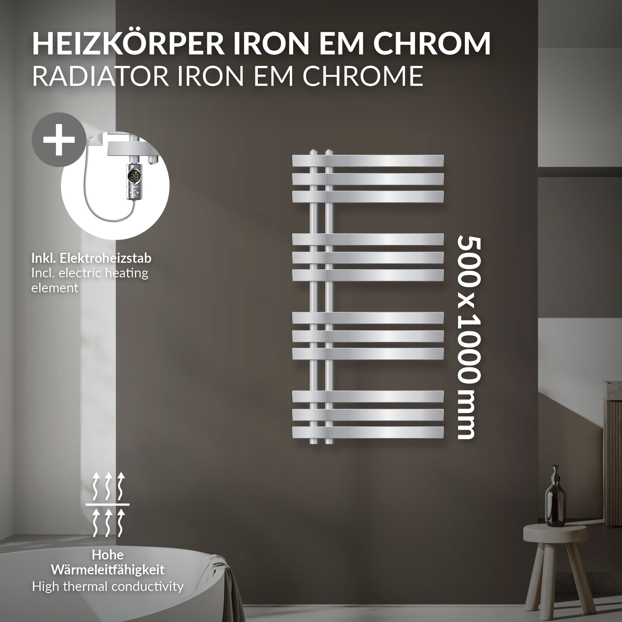 Chrom-Heizkörper mit Röhren, Größenangabe 500x1000 mm.