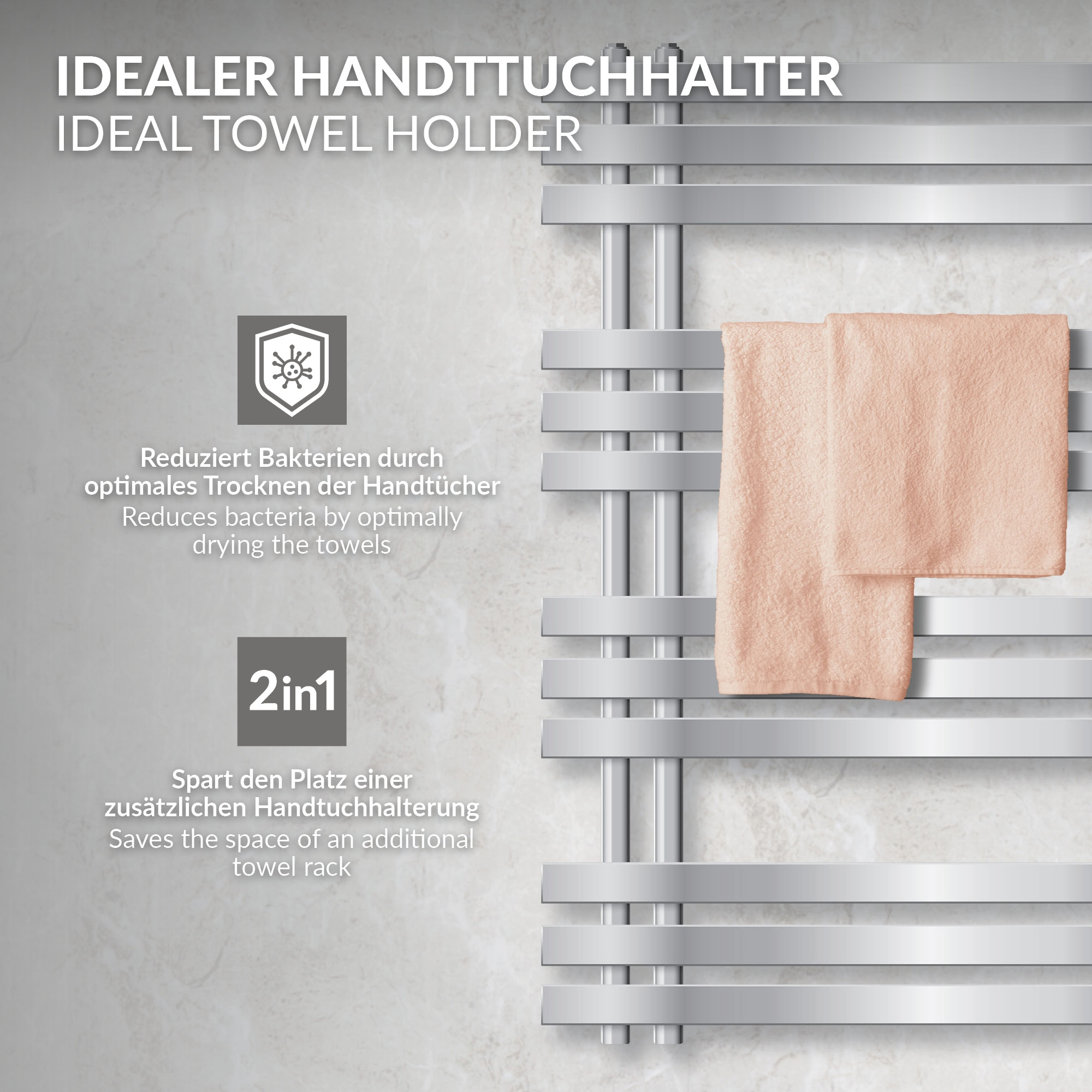 Ein silberner Handtuchhalter mit zwei rosa Handtüchern daran.