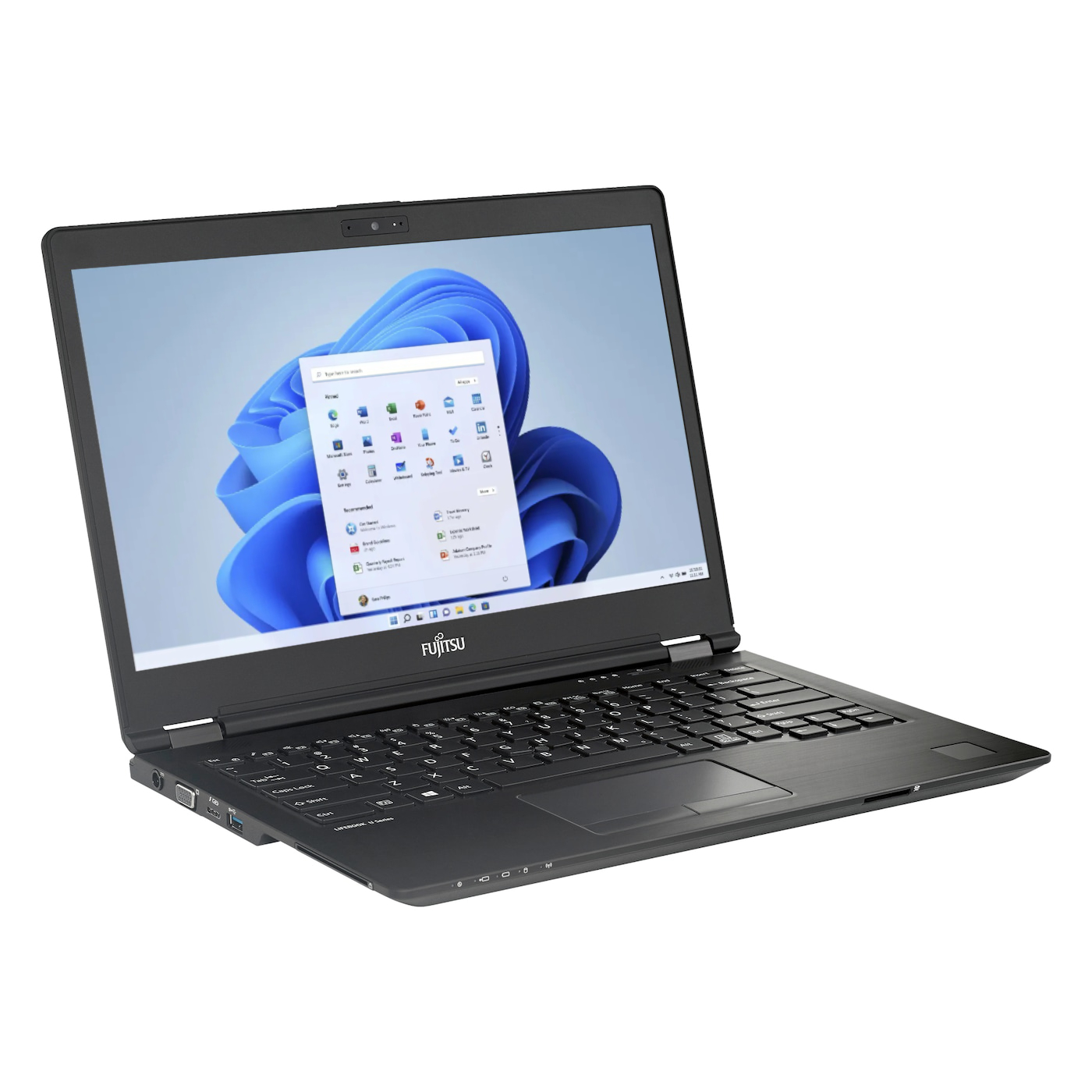Schwarzer Fujitsu Laptop mit geöffnetem Bildschirm, der Windows 11 zeigt.