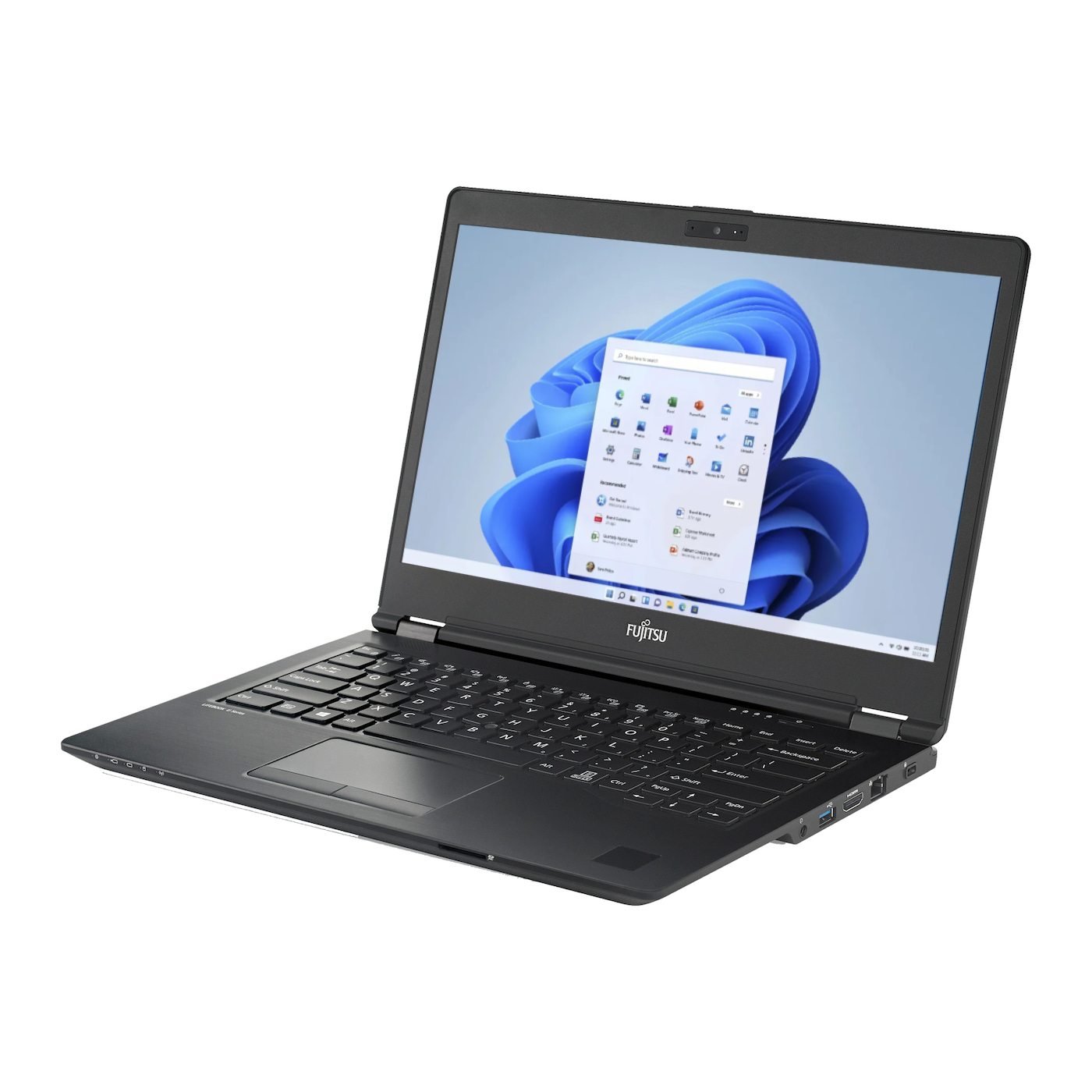 Ein geöffneter schwarzer Fujitsu Laptop mit Windows 11 auf dem Bildschirm.