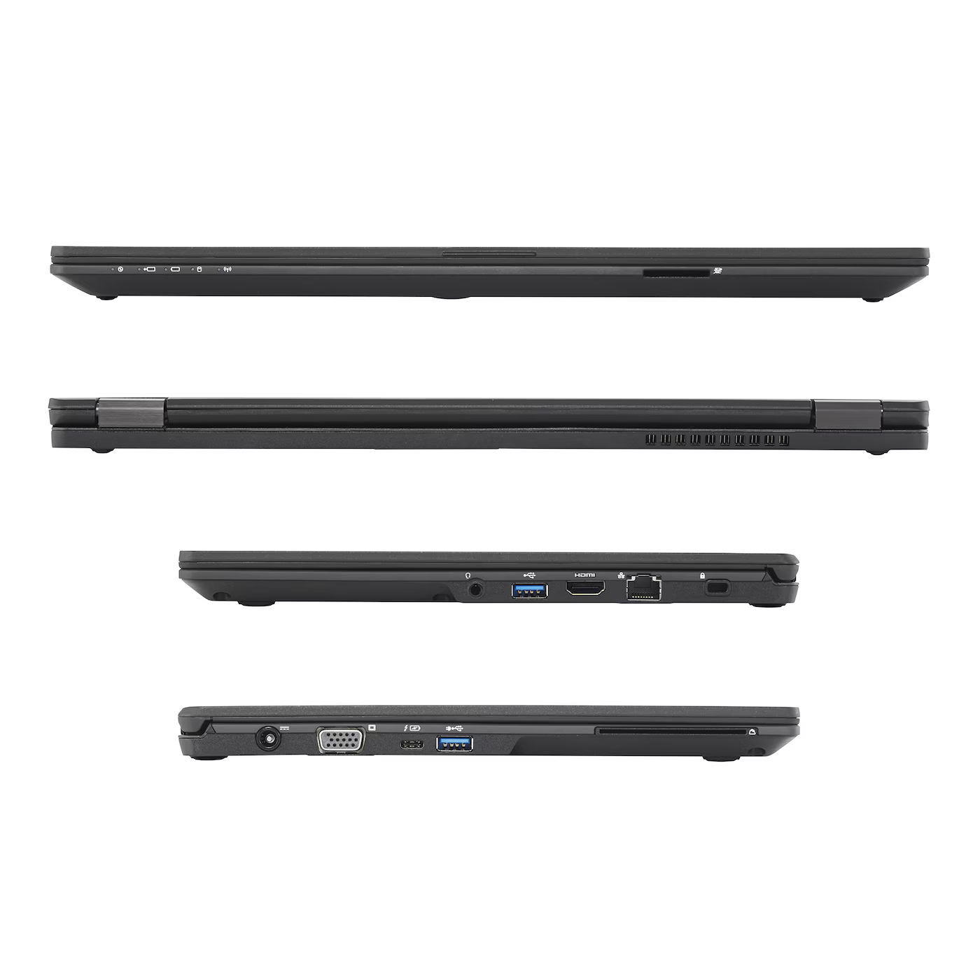 Vier Ansichten eines schwarzen Laptops mit Anschlüssen wie USB, HDMI und VGA.