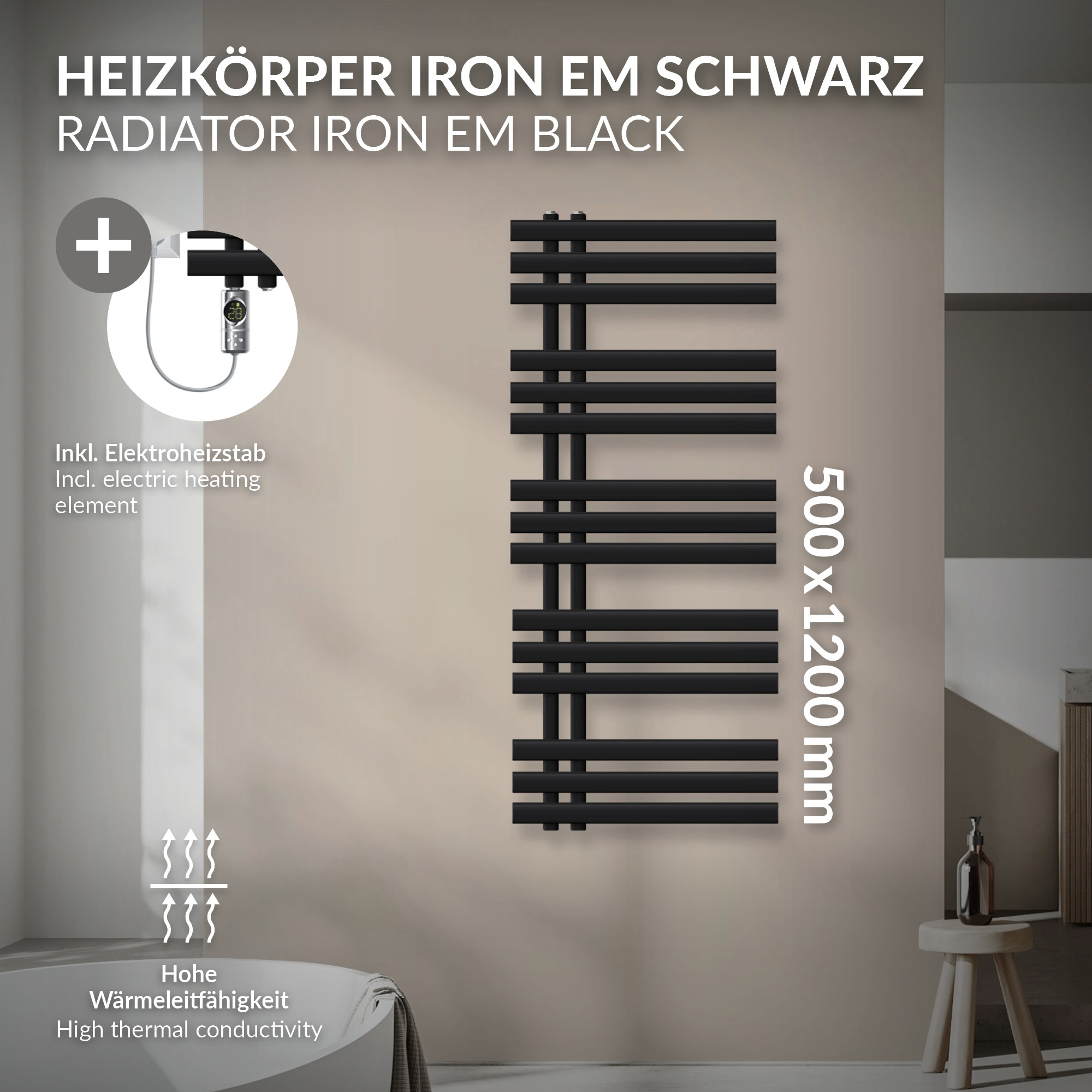 Schwarzer Heizkörper mit 500x1200mm, inkl. Heizelement.