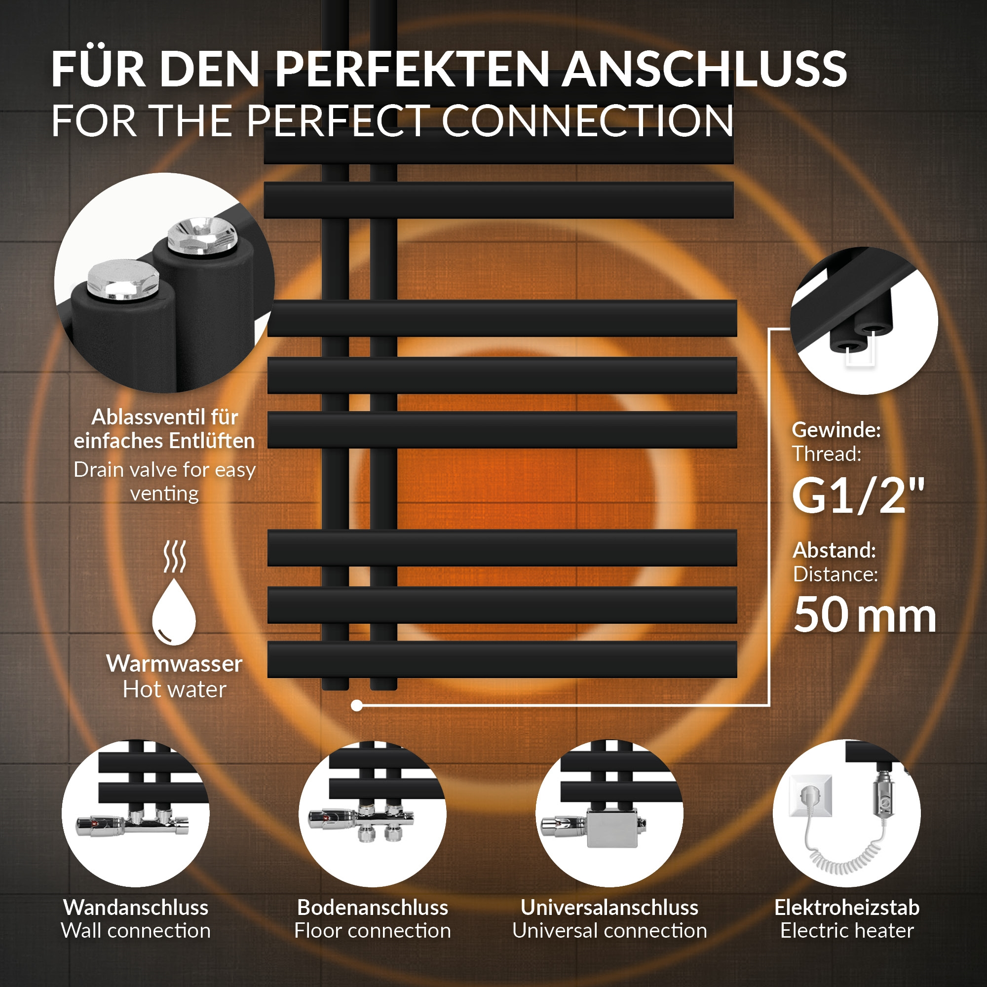 Heizkörper mit Anschlüssen: Wand, Boden, Universal, Elektro. G1/2" Gewinde.