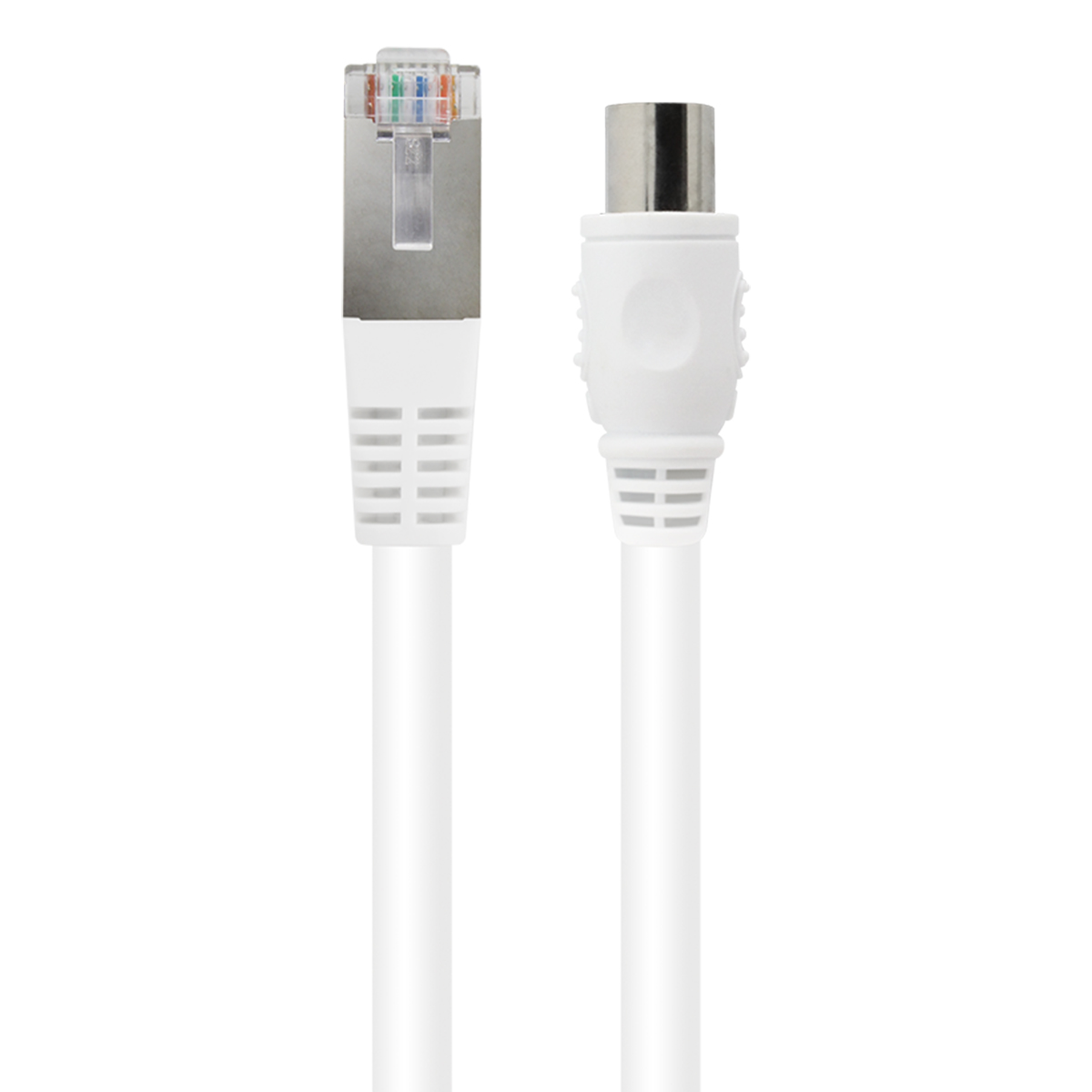 Un cavo Ethernet bianco con connettore RJ45 e un cavo coassiale bianco con connettore.