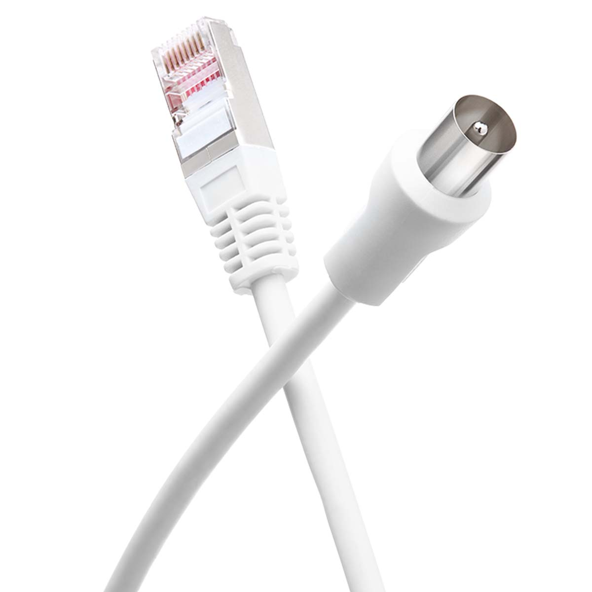 Un cavo di rete bianco con connettore RJ45 e antenna incrociati.