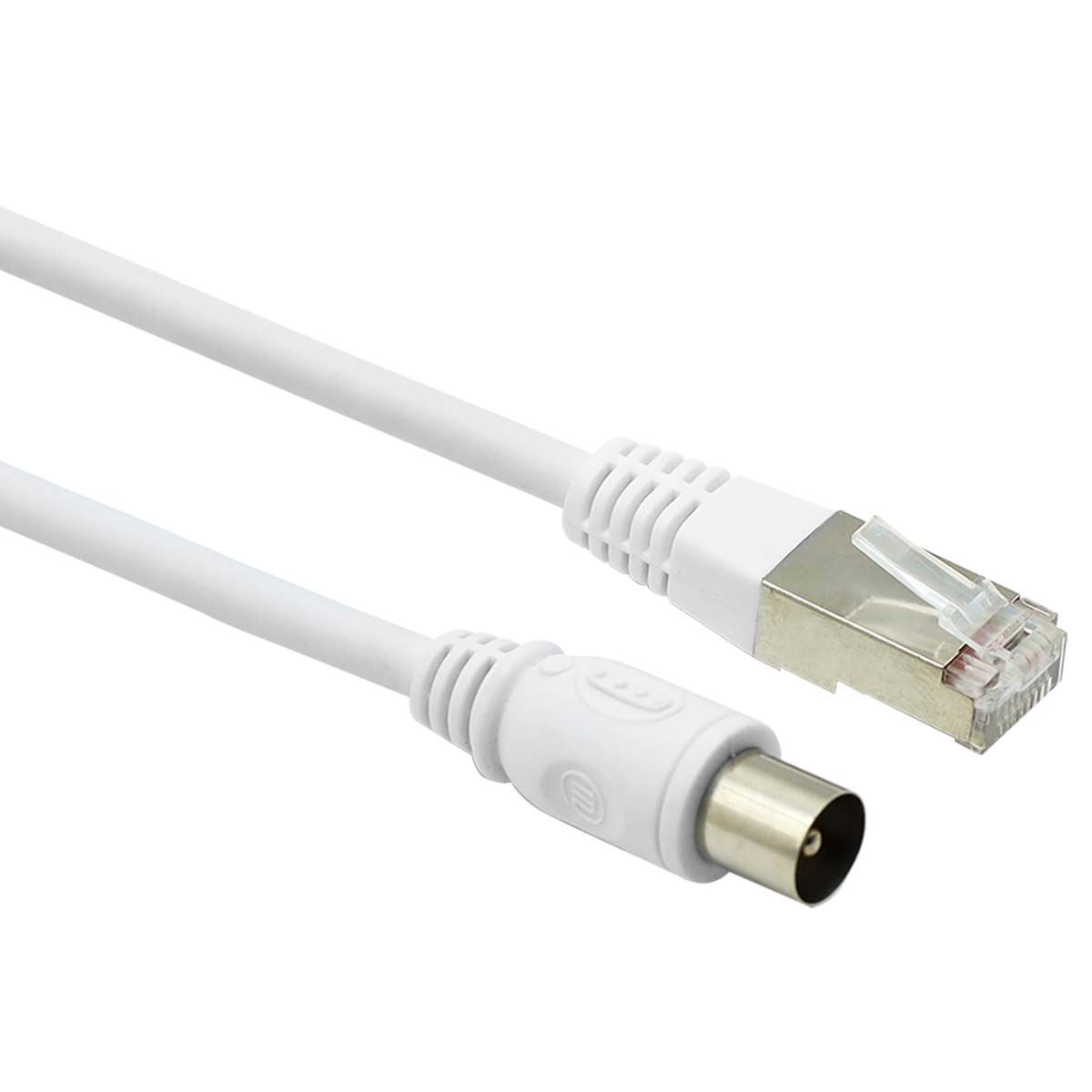 Un cavo bianco con due connettori: una spina RJ45 e una spina d'antenna.