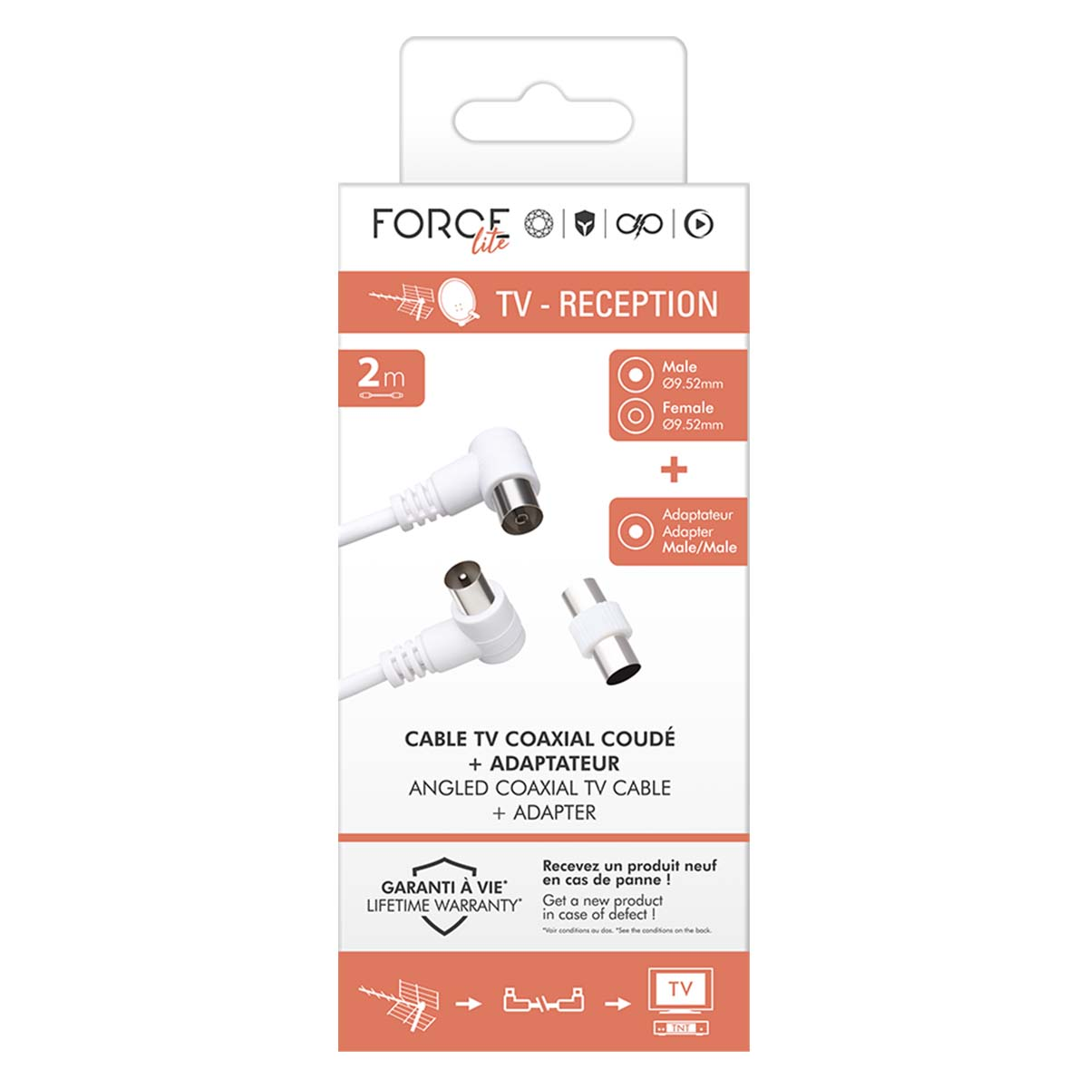Verpackung eines weißen Koaxialkabels mit Winkelstecker und Adapter für TV-Empfang.