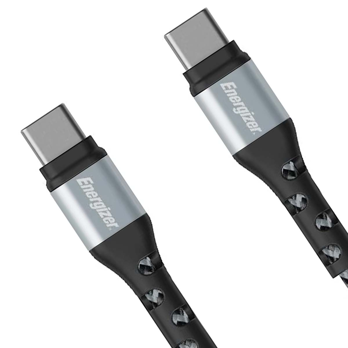 Due cavi USB-C con connettori argentati e cavo nero intrecciato.