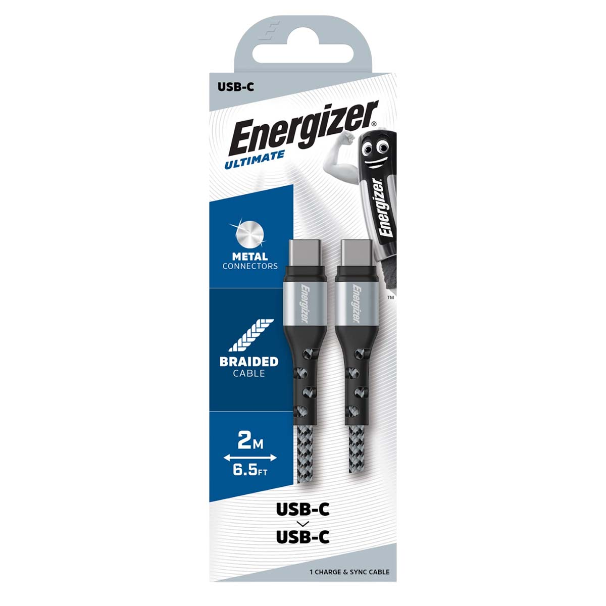 Cavo di ricarica Energizer USB-C con connettori in metallo e cavo intrecciato.