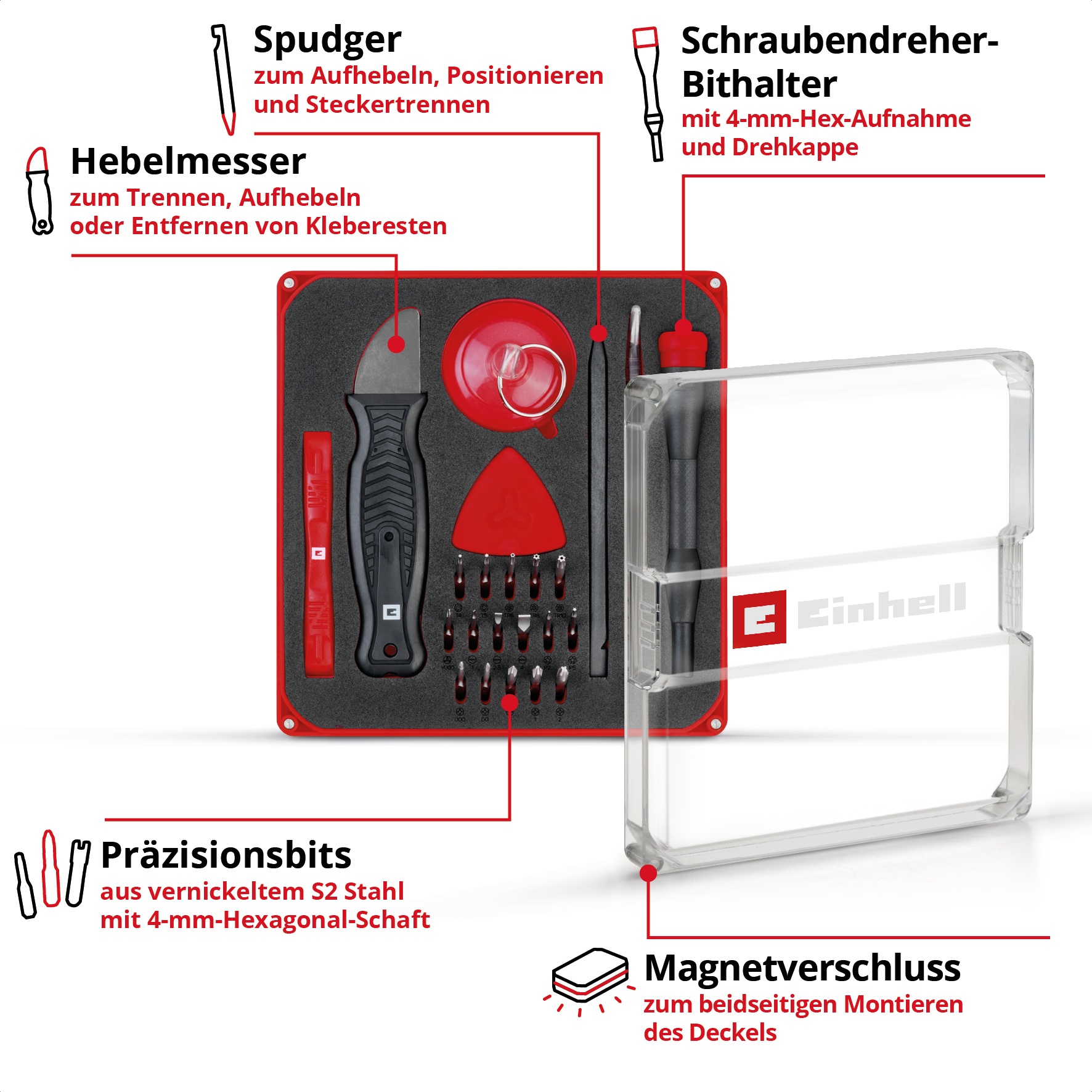 Werkzeugkasten mit Präzisionsbits, Spudger, Hebelmesser, Schraubendreher-Bithalter.