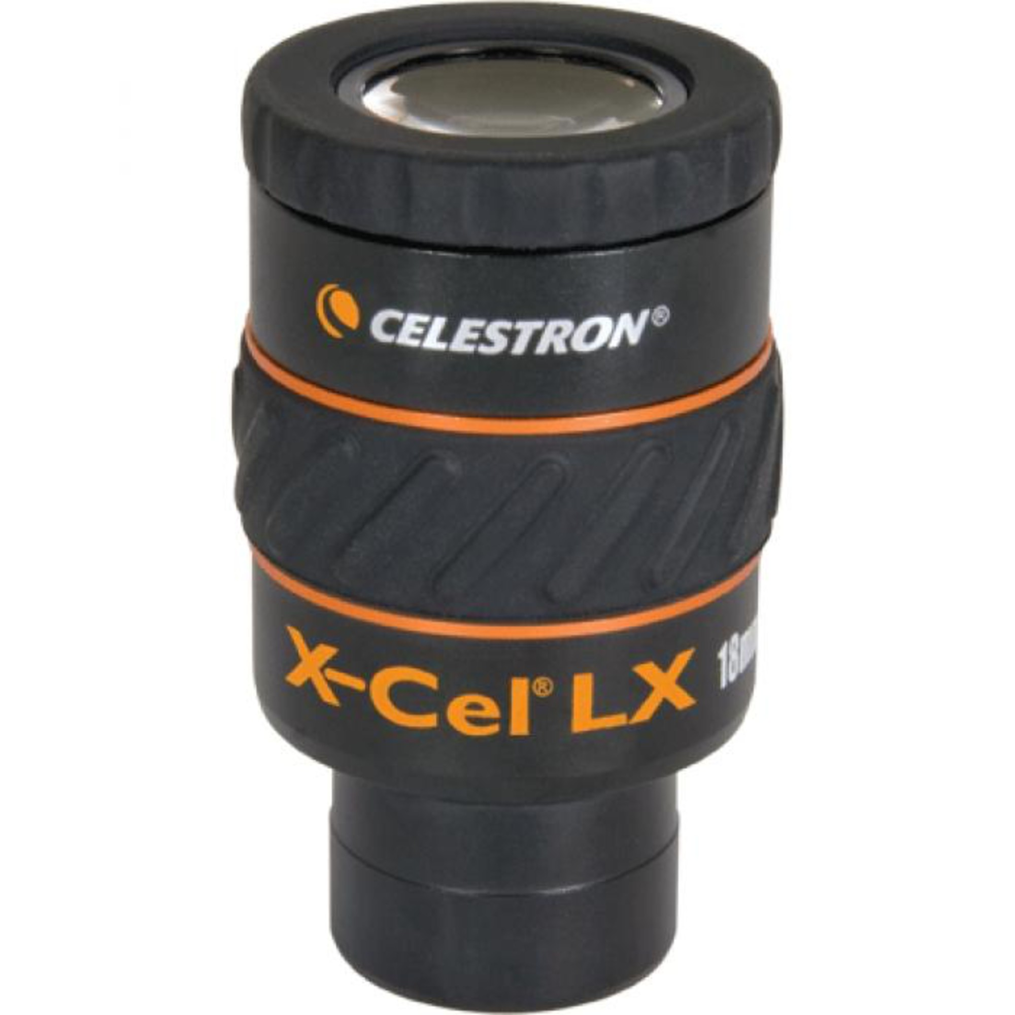 Un oculaire Celestron noir avec des accents et du texte orange.