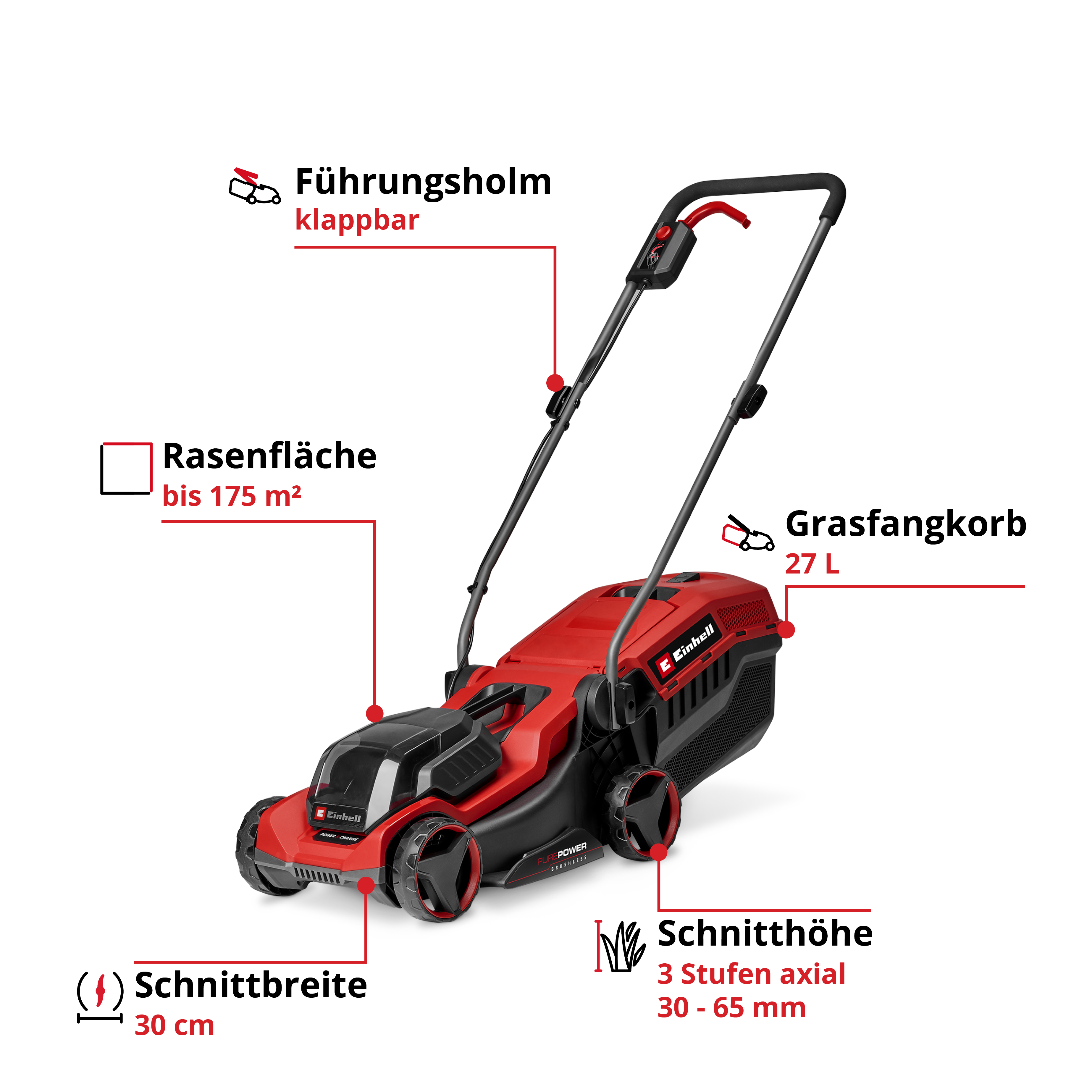 Roter Akku-Rasenmäher mit klappbarem Holm, 30cm Schnittbreite, 27L Fangkorb.