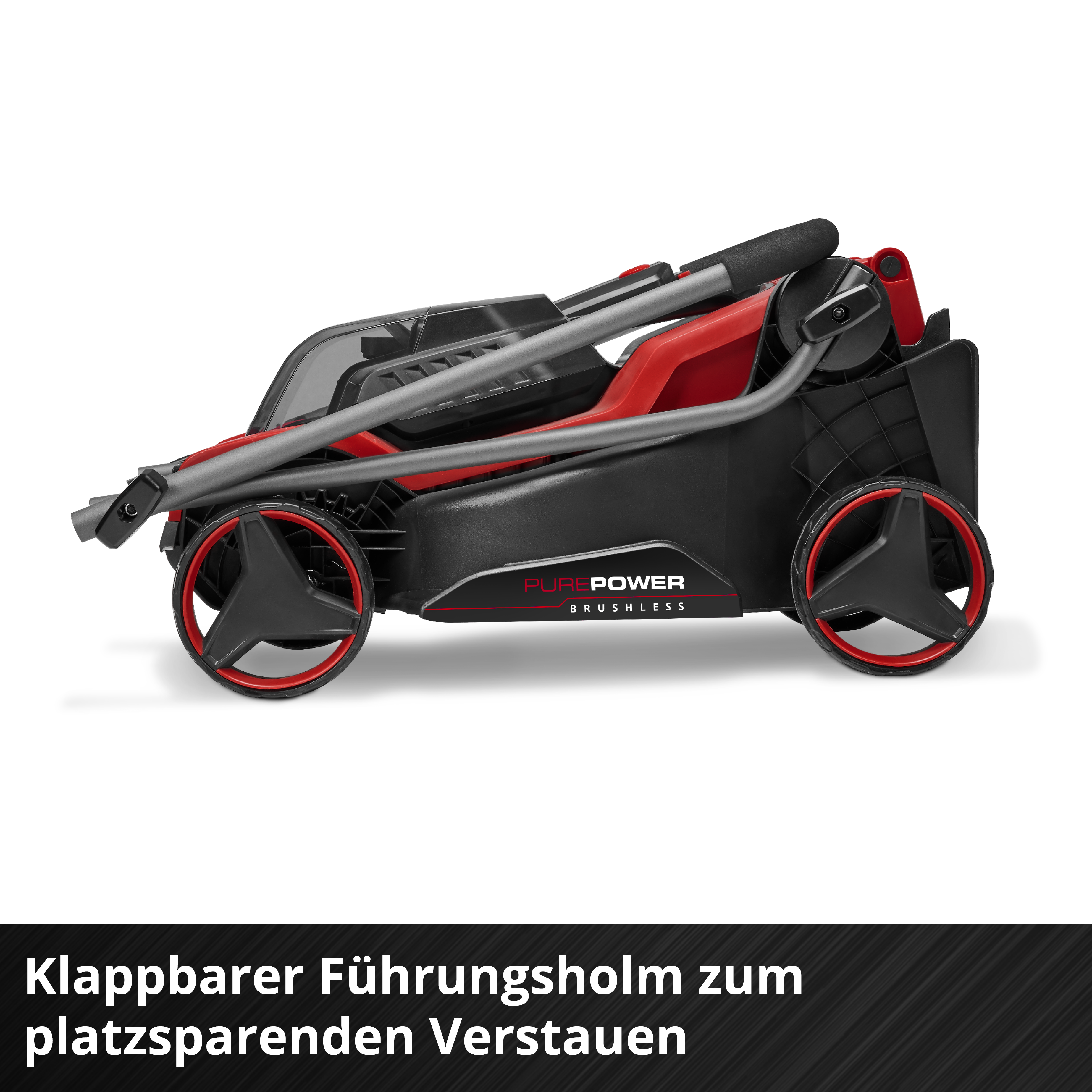 Ein zusammengeklappter Rasenmäher in Schwarz und Rot mit Rädern.