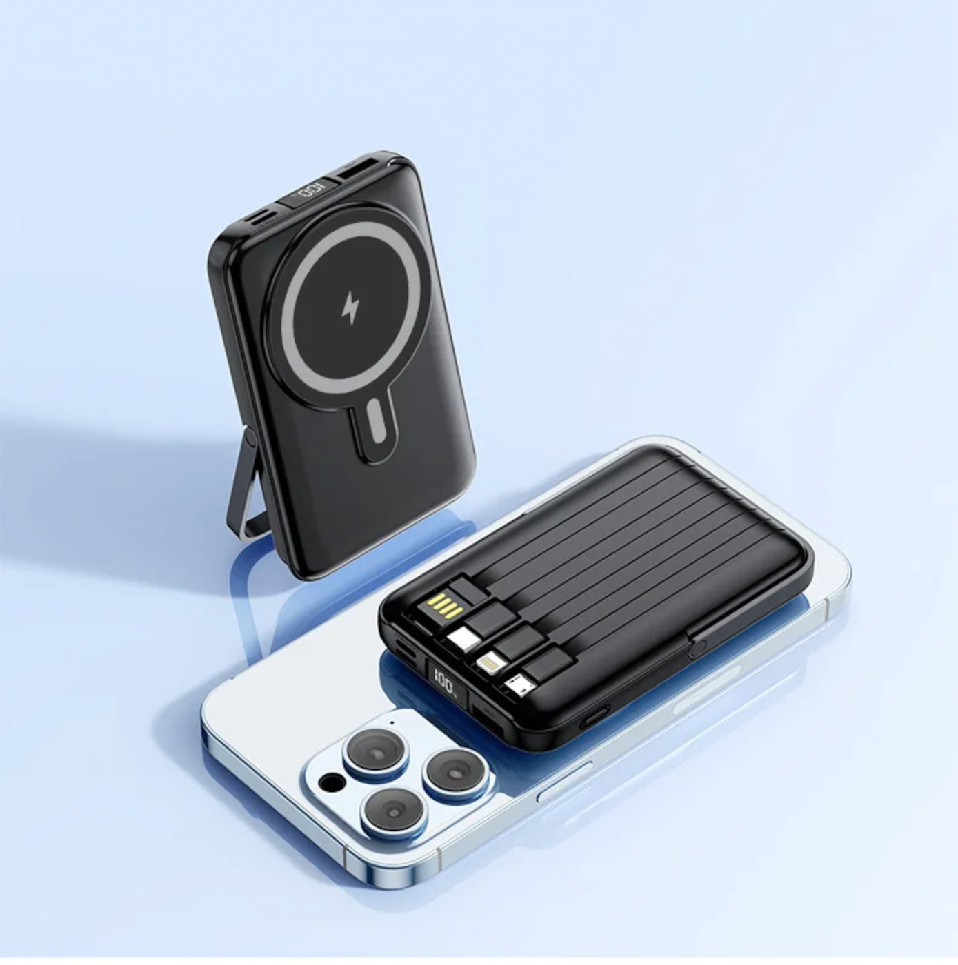 Schwarzes Ladegerät mit Magnetring und Ständer neben einem Smartphone.