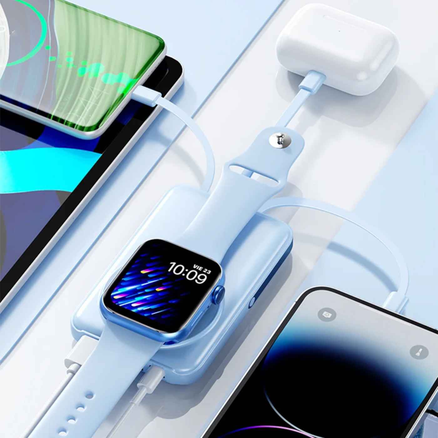 Ein hellblaues Ladegerät lädt eine Smartwatch, Kopfhörer und ein Smartphone.