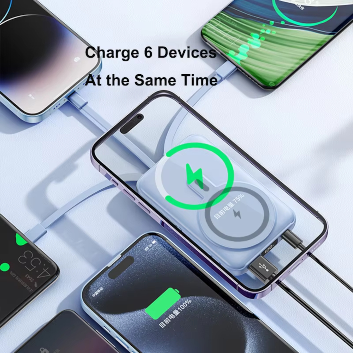 Mehrere Smartphones werden gleichzeitig mit Kabeln geladen, einige zeigen den Ladezustand.