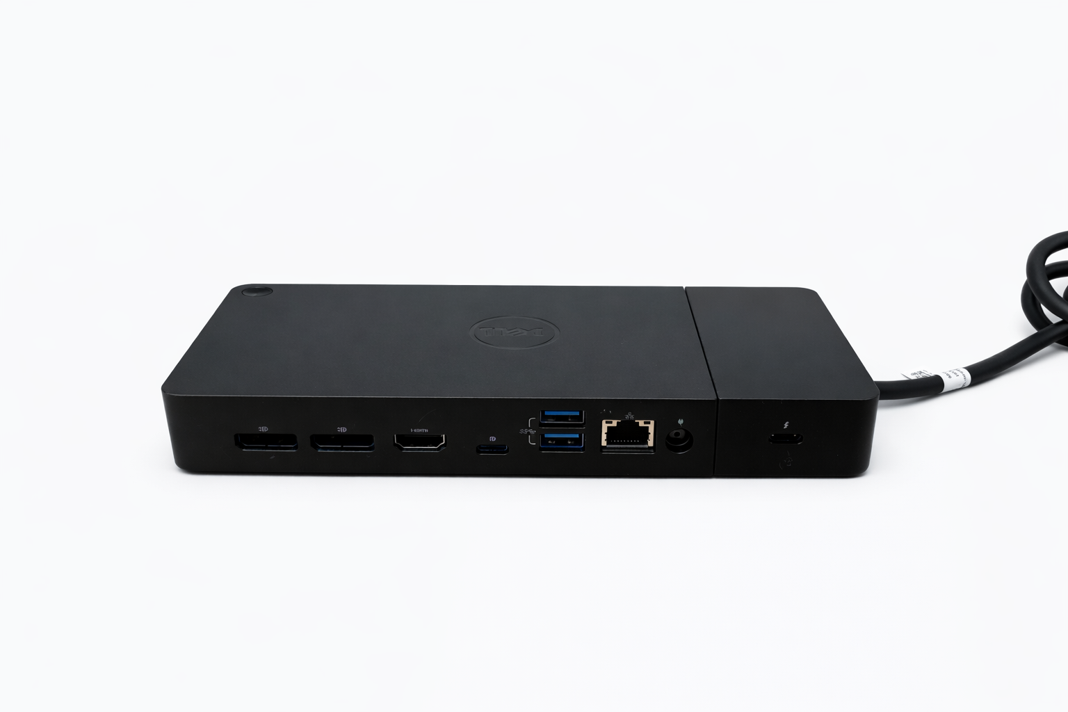 Schwarzer Dell Dockingstation-Anschluss mit USB-, HDMI- und Ethernet-Ports.