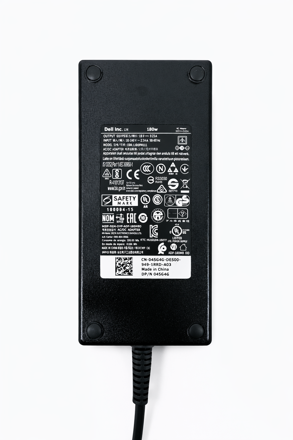 Schwarzes Dell Netzteil mit Aufkleber und Kabel.