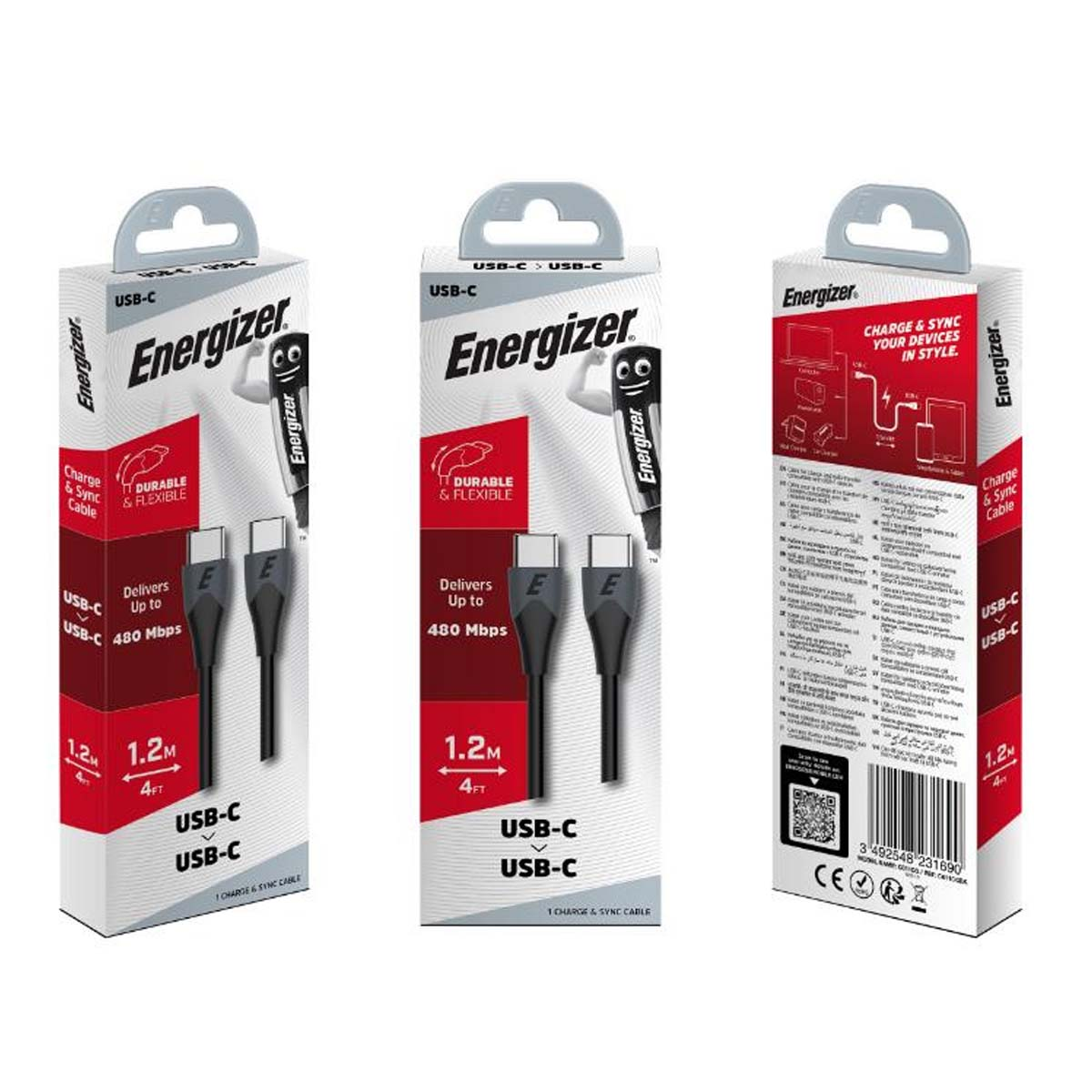 Tre scatole di cavi Energizer USB-C affiancate. Sinistra e centro mostrano cavi, destra info.