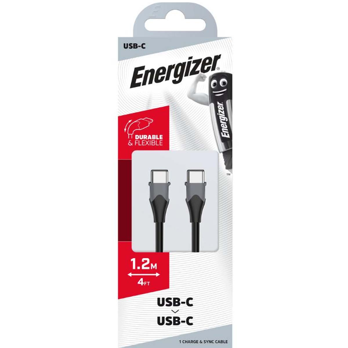 Cavo Energizer USB-C, lungo 1.2M, nero/grigio, con due connettori.