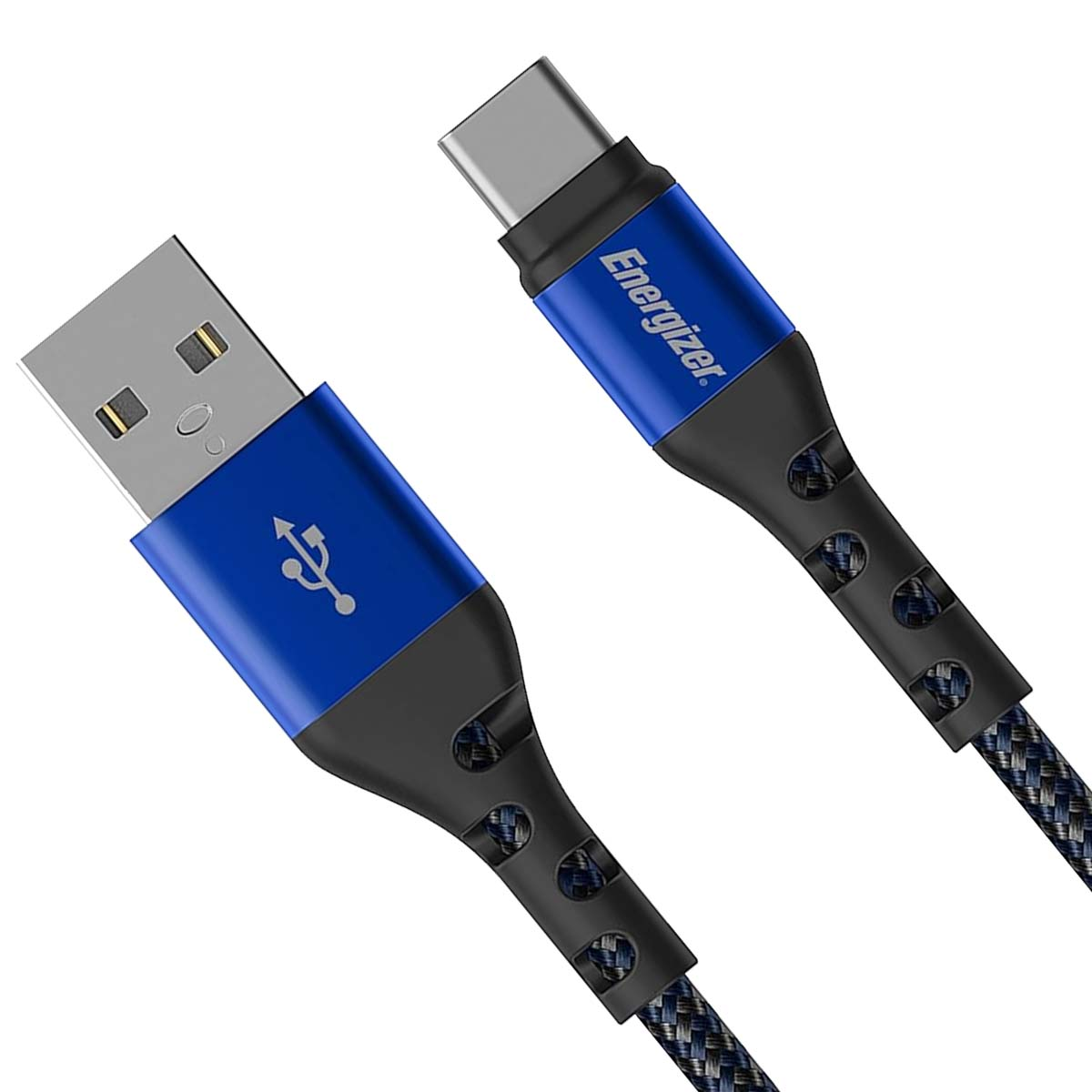 Un cavo Energizer da USB-C a USB-A con connettori blu e neri.