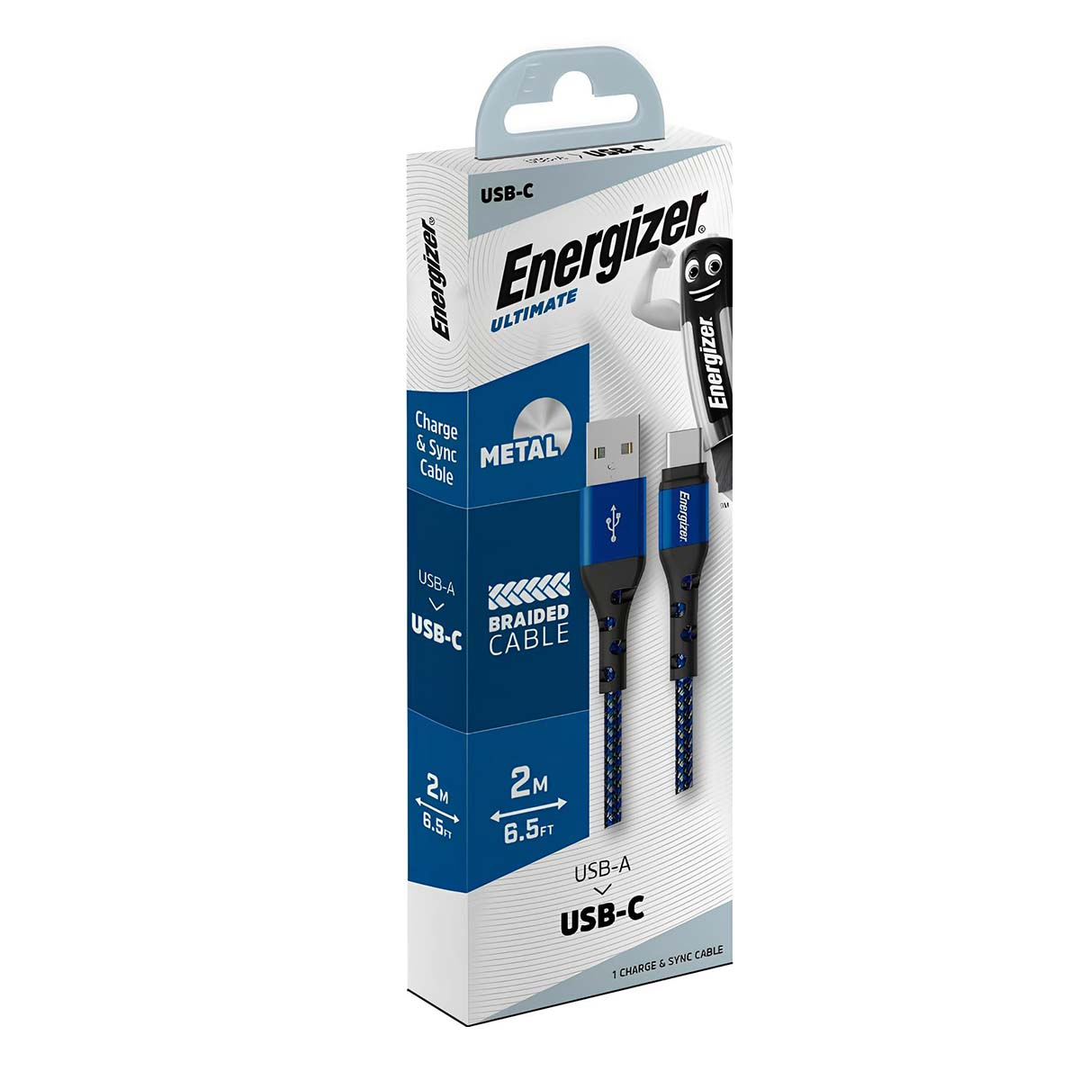 Cavo Energizer USB-C carica e sincronizzazione, 2m, connettori metallo, intrecciato.