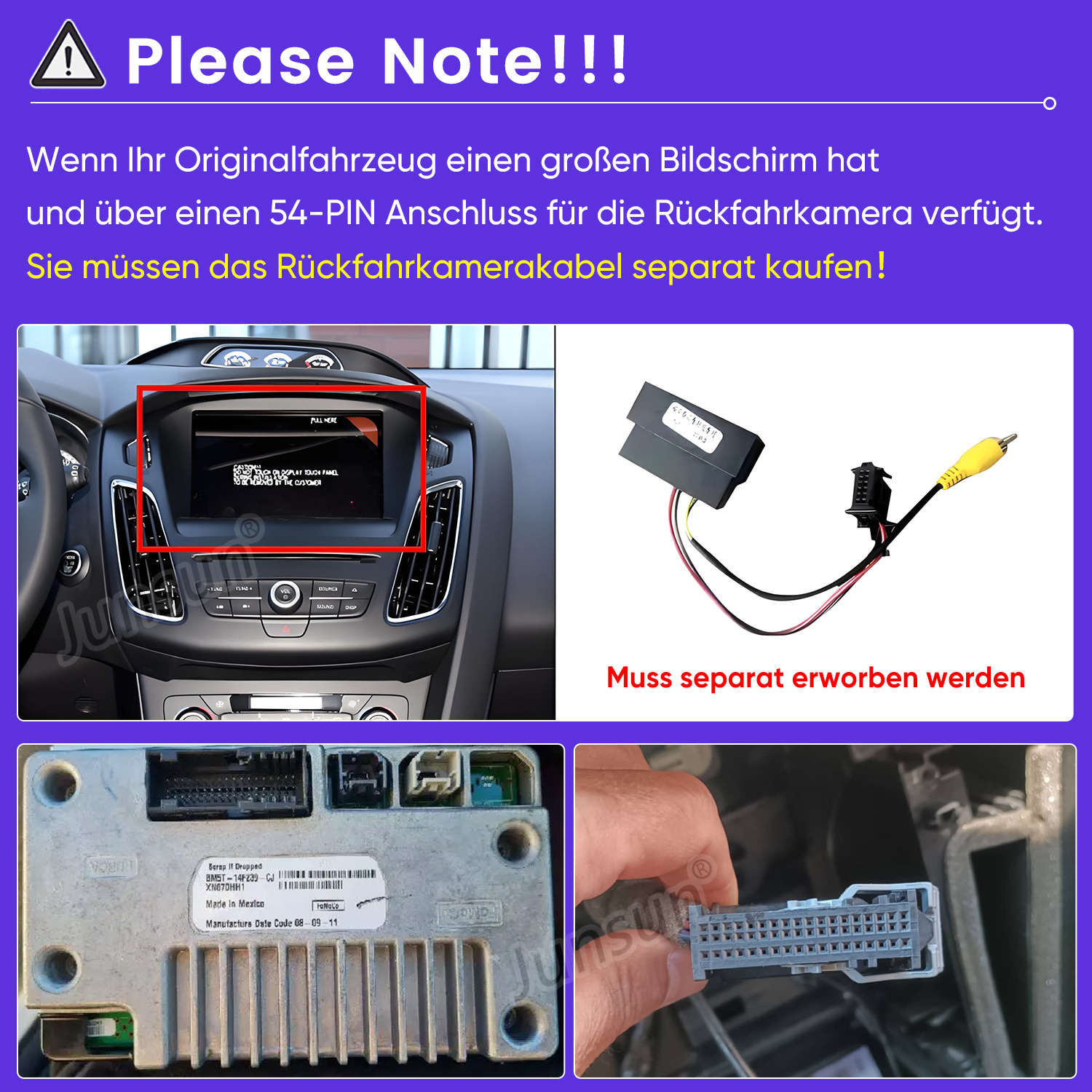 Hinweis: Auto-Bildschirm mit Rückfahrkamera-Anschluss. Kabel separat kaufen.