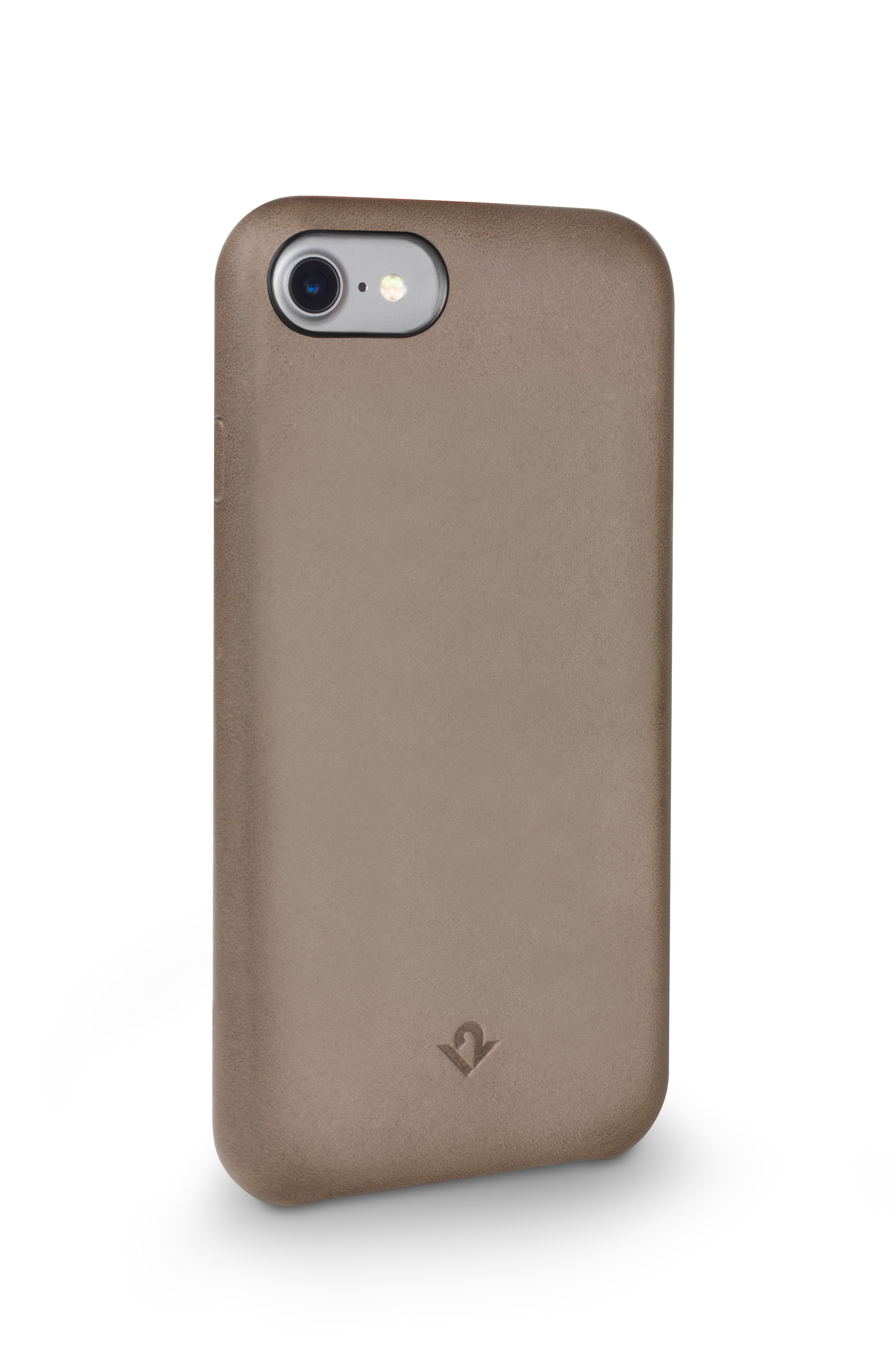 Coque de téléphone marron avec découpe caméra et logo, sur fond blanc.