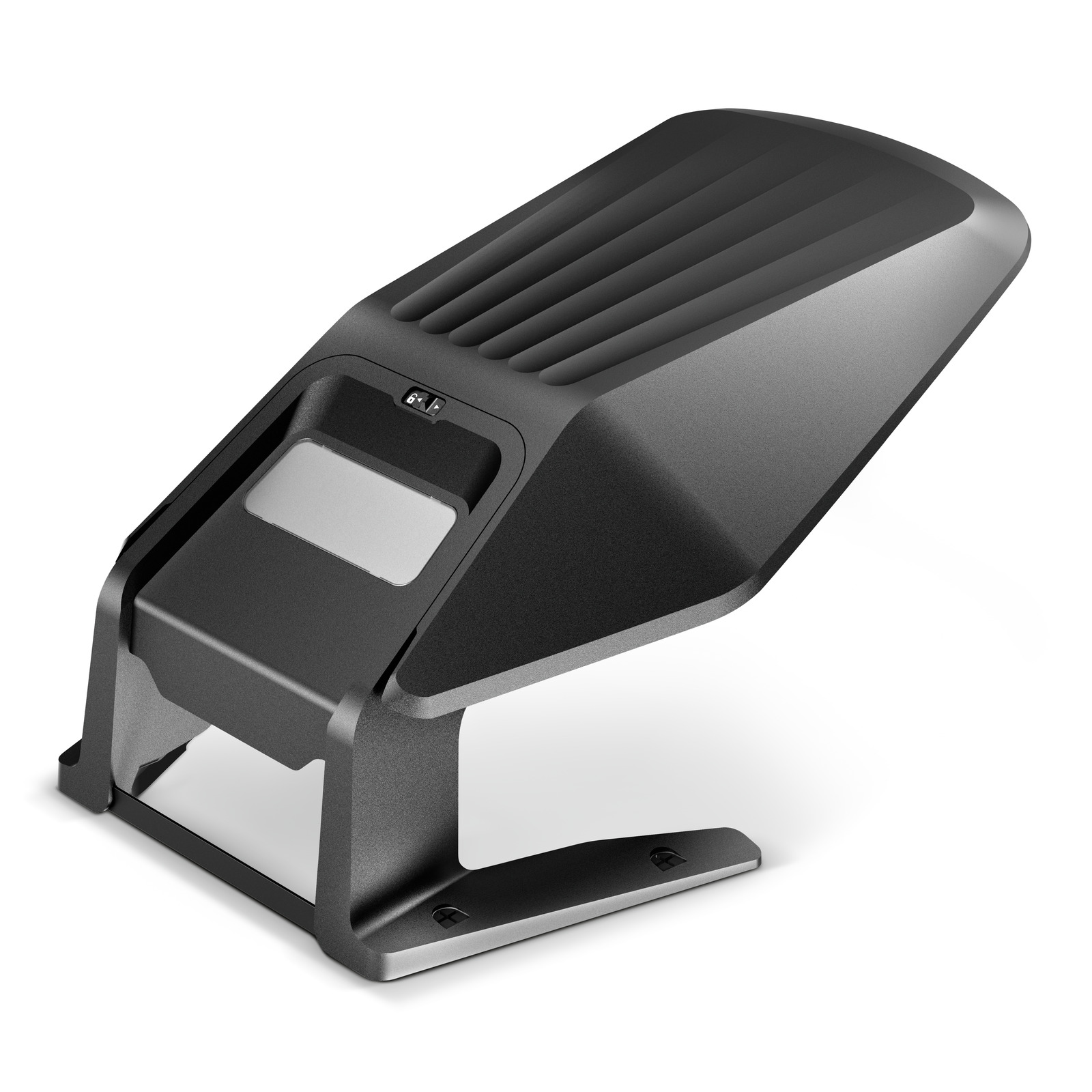 Ein schwarzes, futuristisches Gerät mit Lüftungsschlitzen und einem Display.