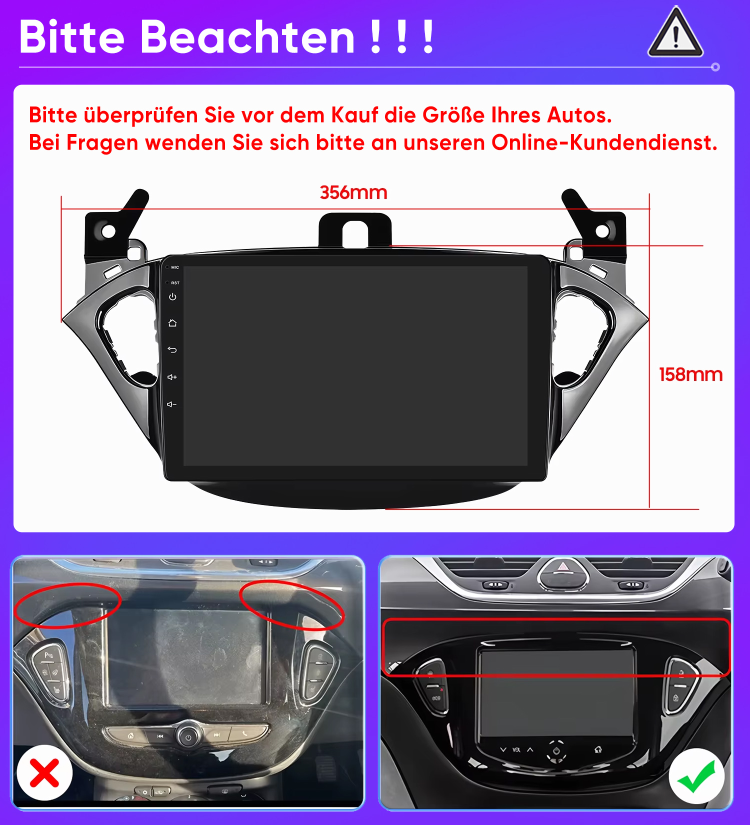Ein Autoradio-Display mit Maßen 356x158mm, daneben zwei Vergleiche.
