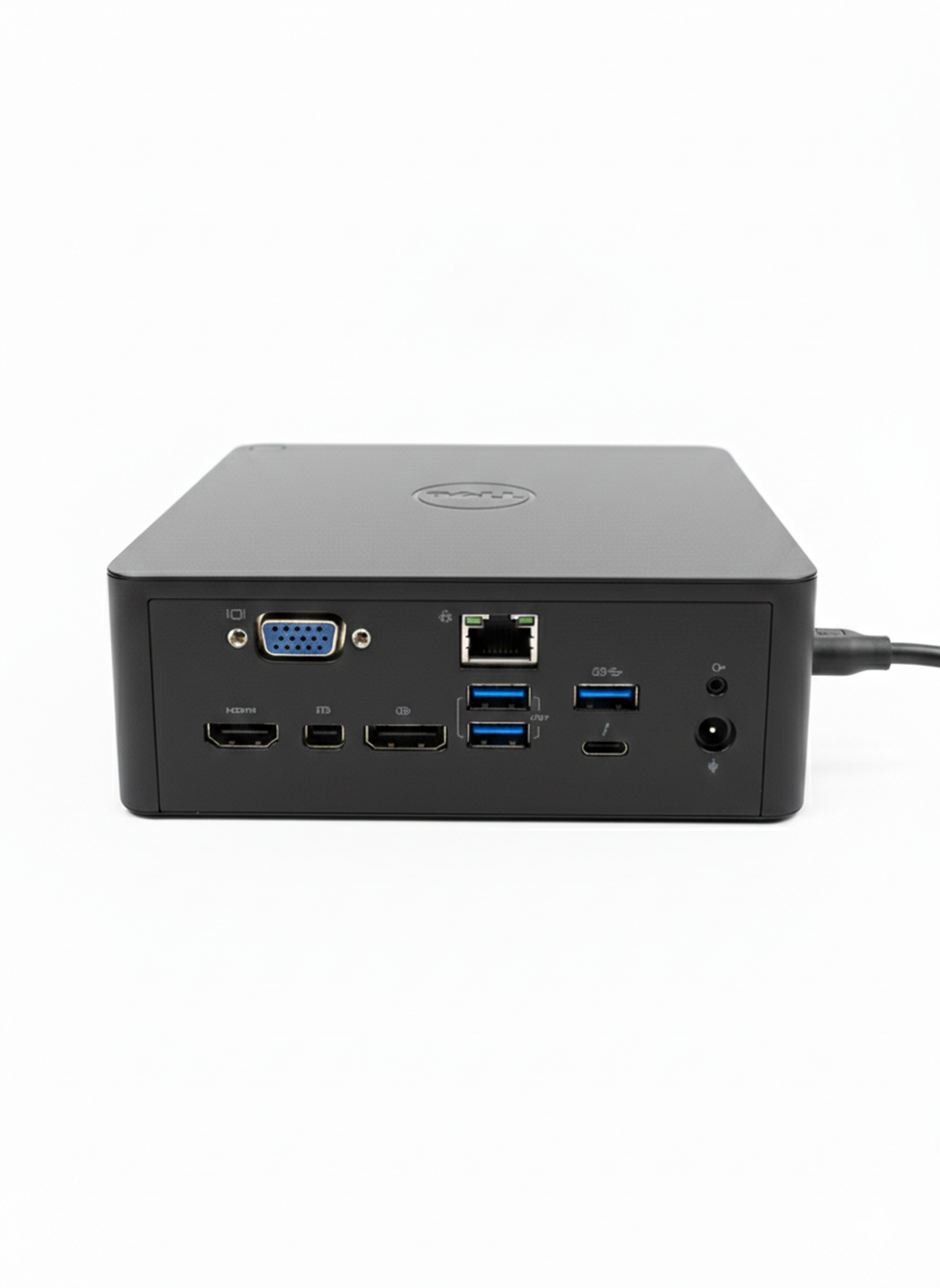 Rückseite einer schwarzen Dell Dockingstation mit Anschlüssen wie HDMI, USB und Ethernet.