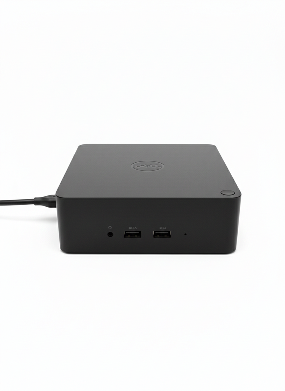 Ein schwarzes Dell Mini-PC-Gehäuse mit USB-Anschlüssen und einem Kopfhöreranschluss.