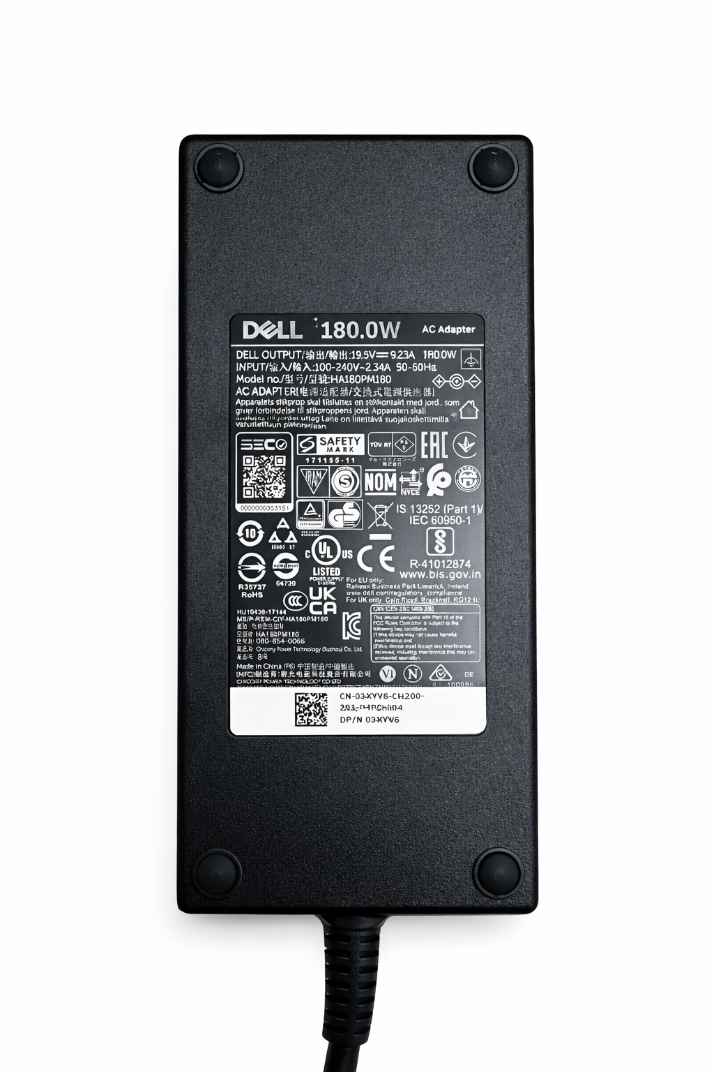 Schwarzer Dell 180W Netzadapter mit vielen Zertifizierungslogos und Modellnummern.