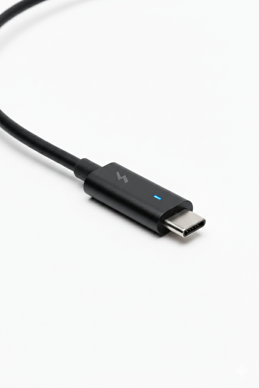 Schwarzes USB-C-Kabel mit Blitzsymbol und blauer LED auf weißem Hintergrund.