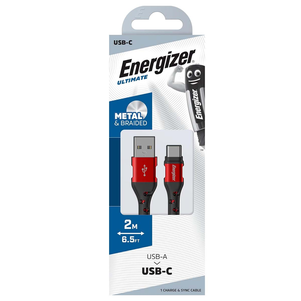 Energizer USB-C Kabel mit Metall- und geflochtenem Design, 2m lang.