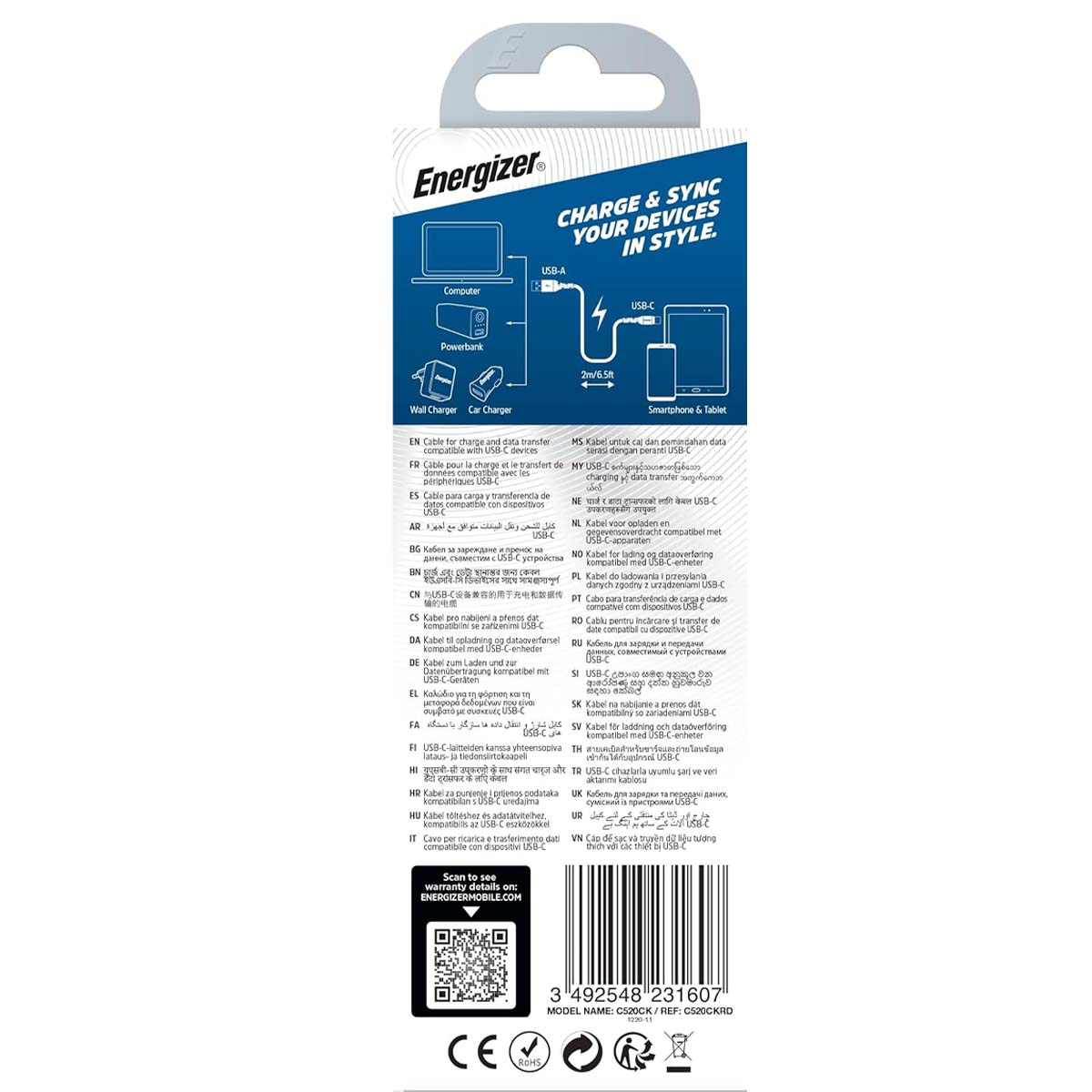 Energizer USB-C Ladekabel für Computer, Powerbank, Handy. Mit Texten in vielen Sprachen.