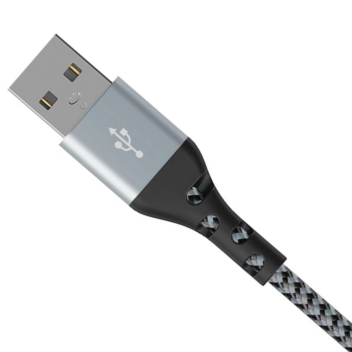 Un connettore USB argentato con alloggiamento nero e cavo intrecciato.