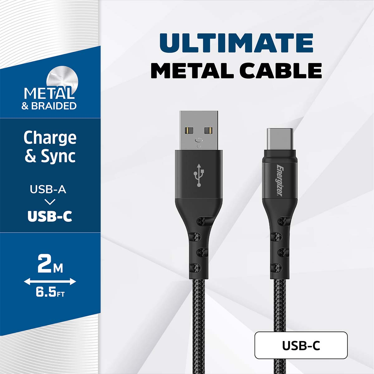 Cavo Energizer da USB-A a USB-C, lungo 2m, nero, intrecciato.