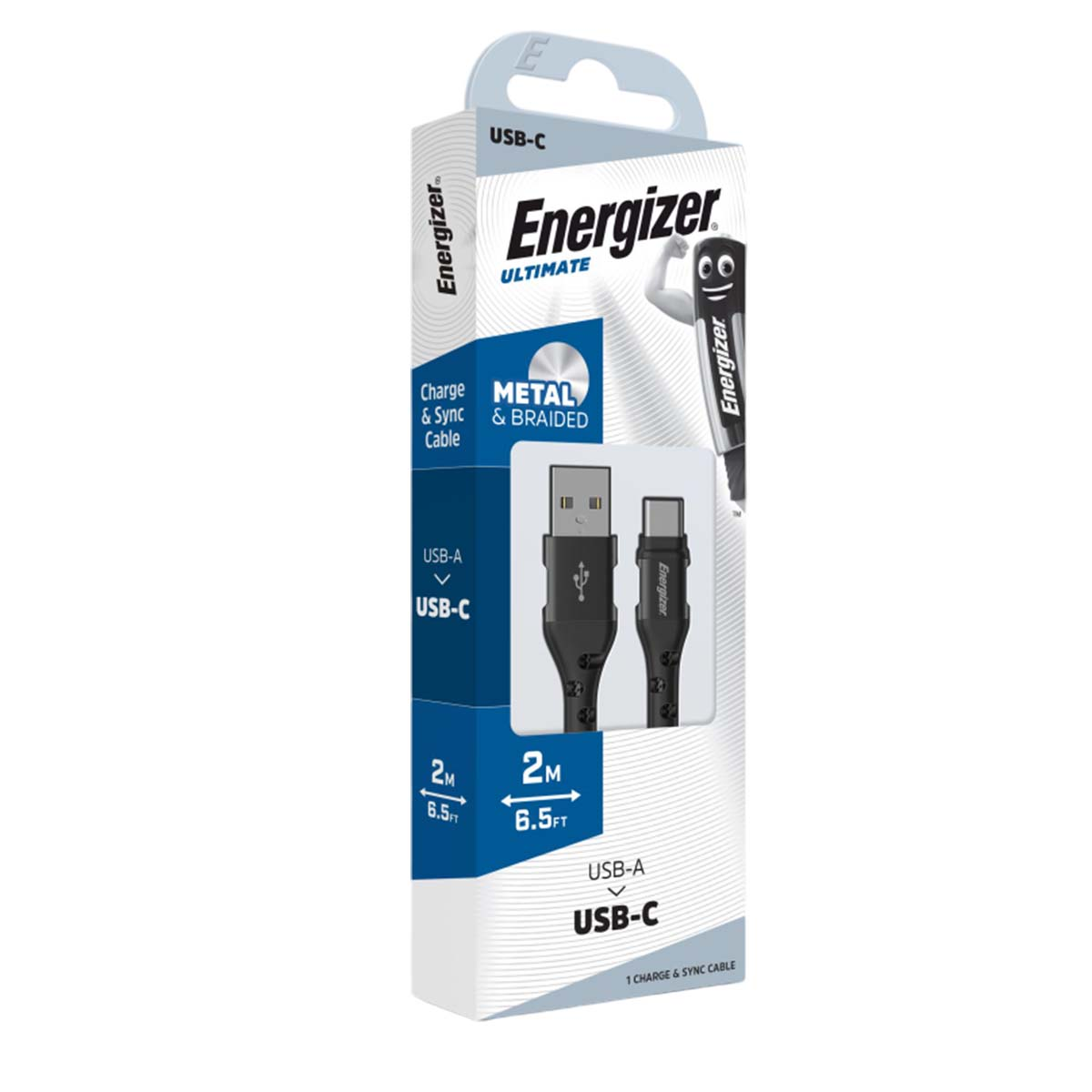 Confezione cavo USB-C Energizer Ultimate. Presenta un cavo nero da USB-A a USB-C.