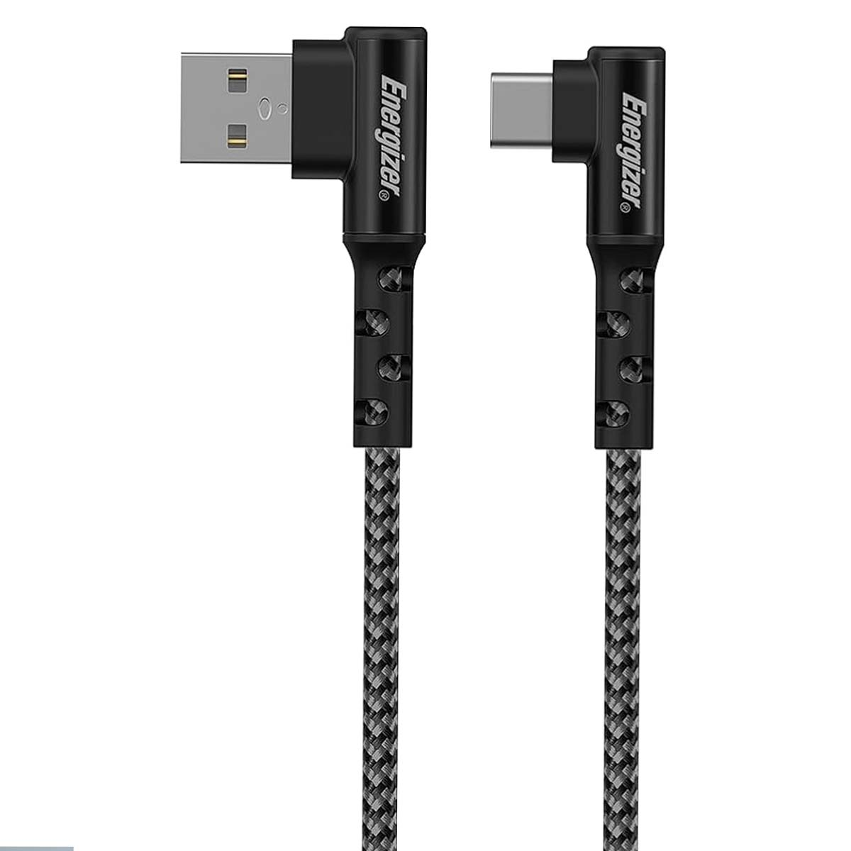 Due cavi Energizer con connettori angolati a 90 gradi, USB-A e USB-C.