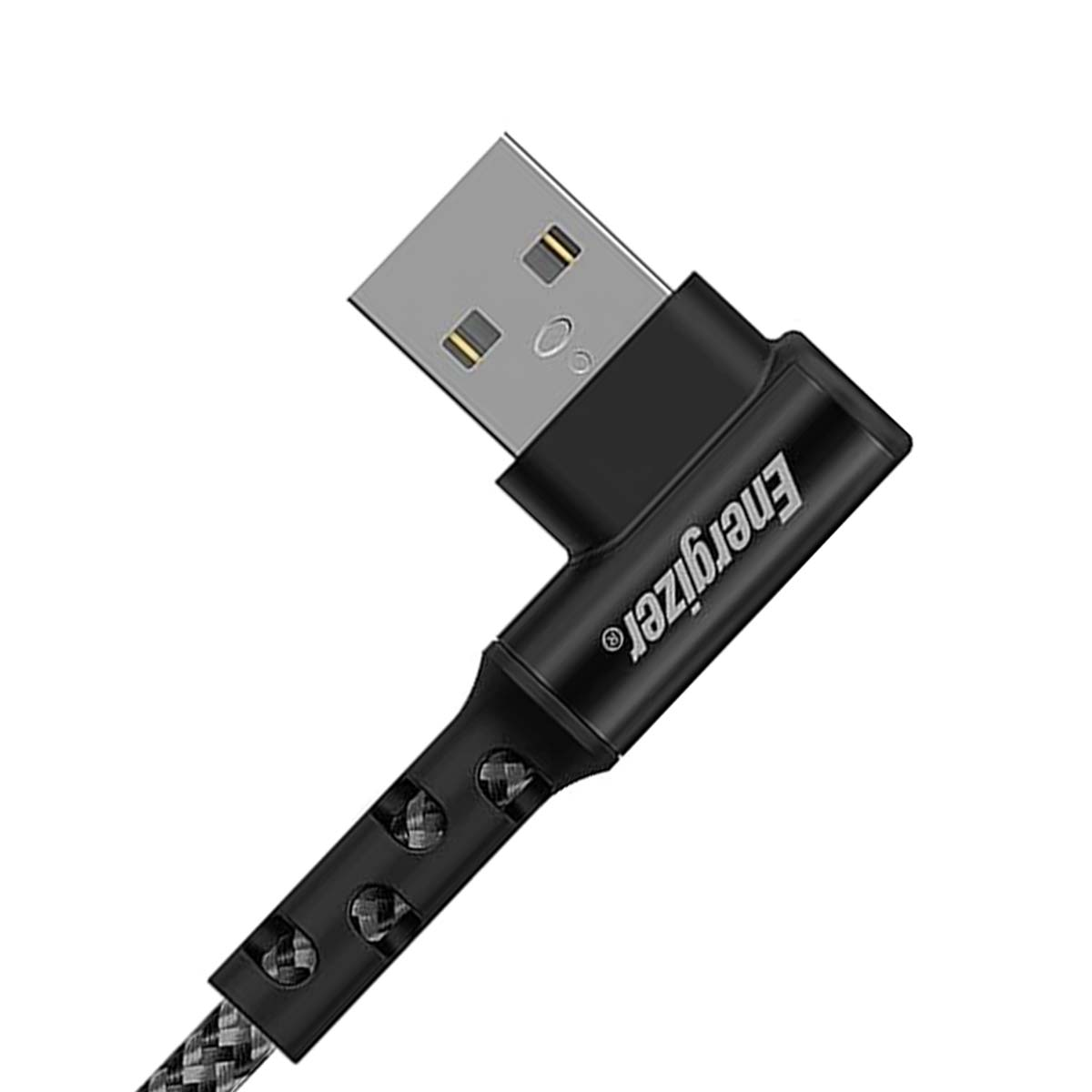 Cavo USB nero con connettore a 90 gradi e logo Energizer.