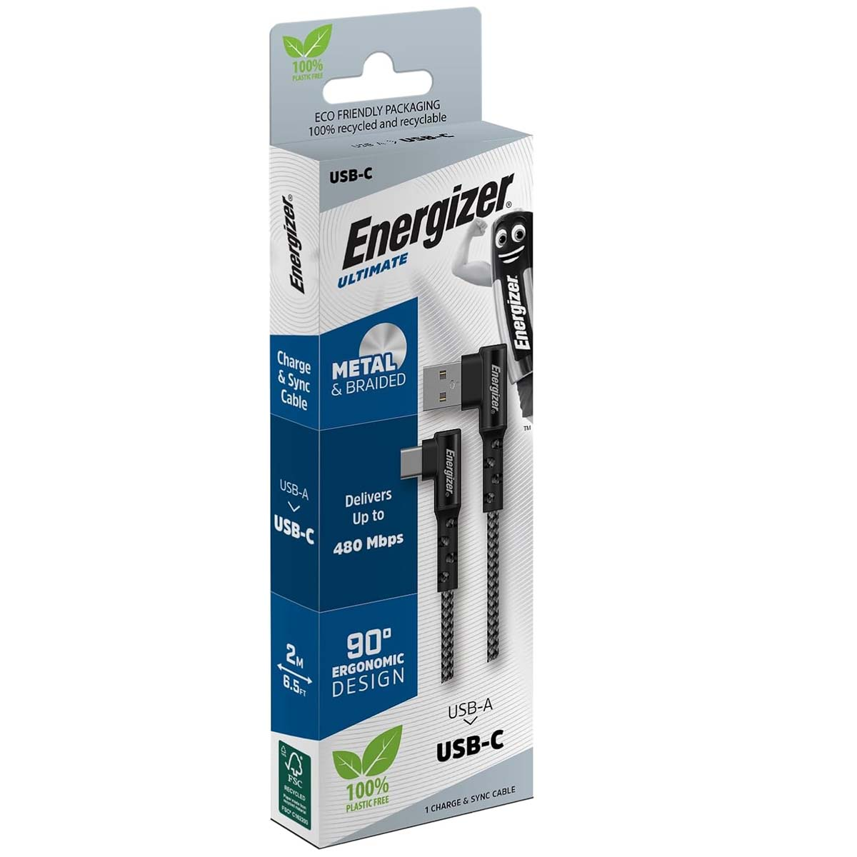 Confezione cavo USB-C Energizer, lungo 2m, con connettore a 90°.