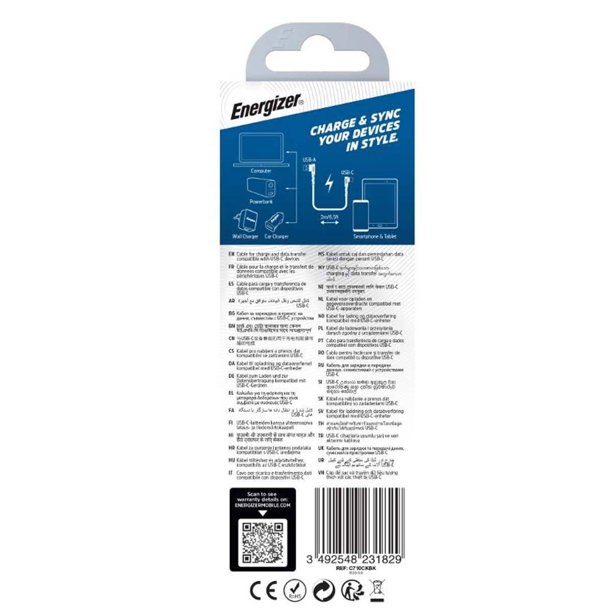 Confezione Energizer con illustrazioni di cavi di ricarica/dati e informazioni multilingue.