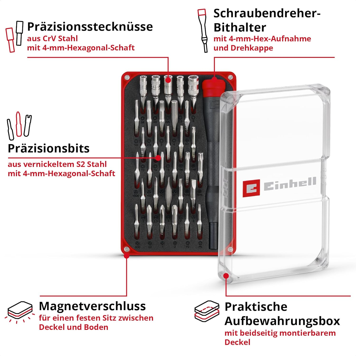 Einhell Präzisionsbits und Stecknüsse in roter Box mit transparentem Deckel und Werkzeugen.